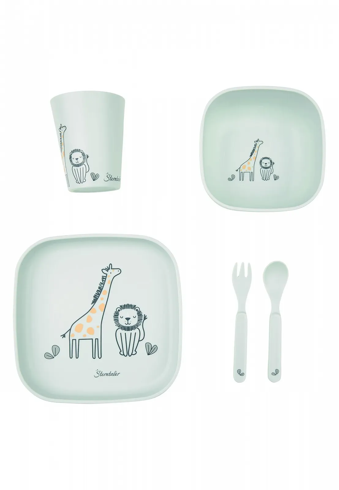Набір посуду Sterntaler Жираф і Лев Квадратний з мотивом сафарі: тарілка, миска, чашка та столові прибори Блідо-зелений, фото №3 Набір посуду Sterntaler Жираф і Лев Квадратний з мотивом сафарі: тарілка, миска, чашка та столові прибори Блідо-зелений, фото №3
