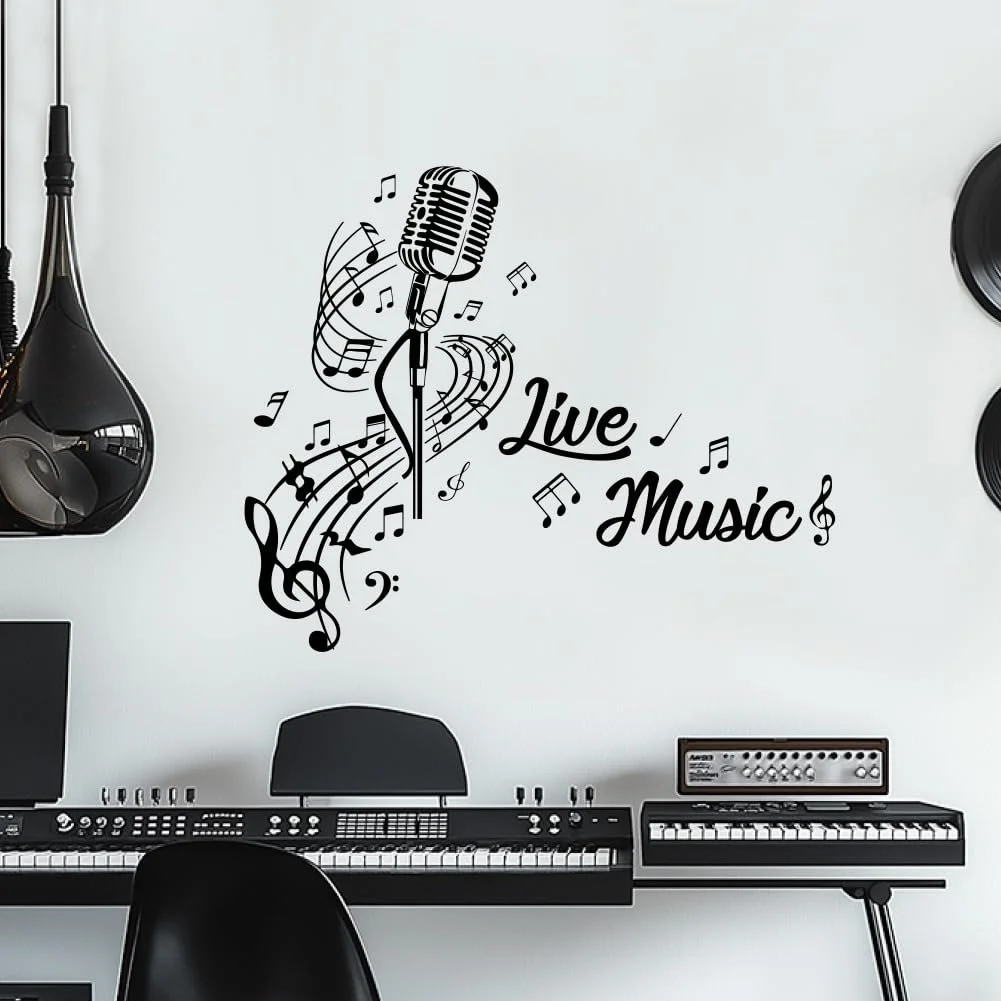 Наклейка на стіну SUPERDANT Live Music Мікрофон Ноти Чорна Вінілова 2 аркуші, фото №1