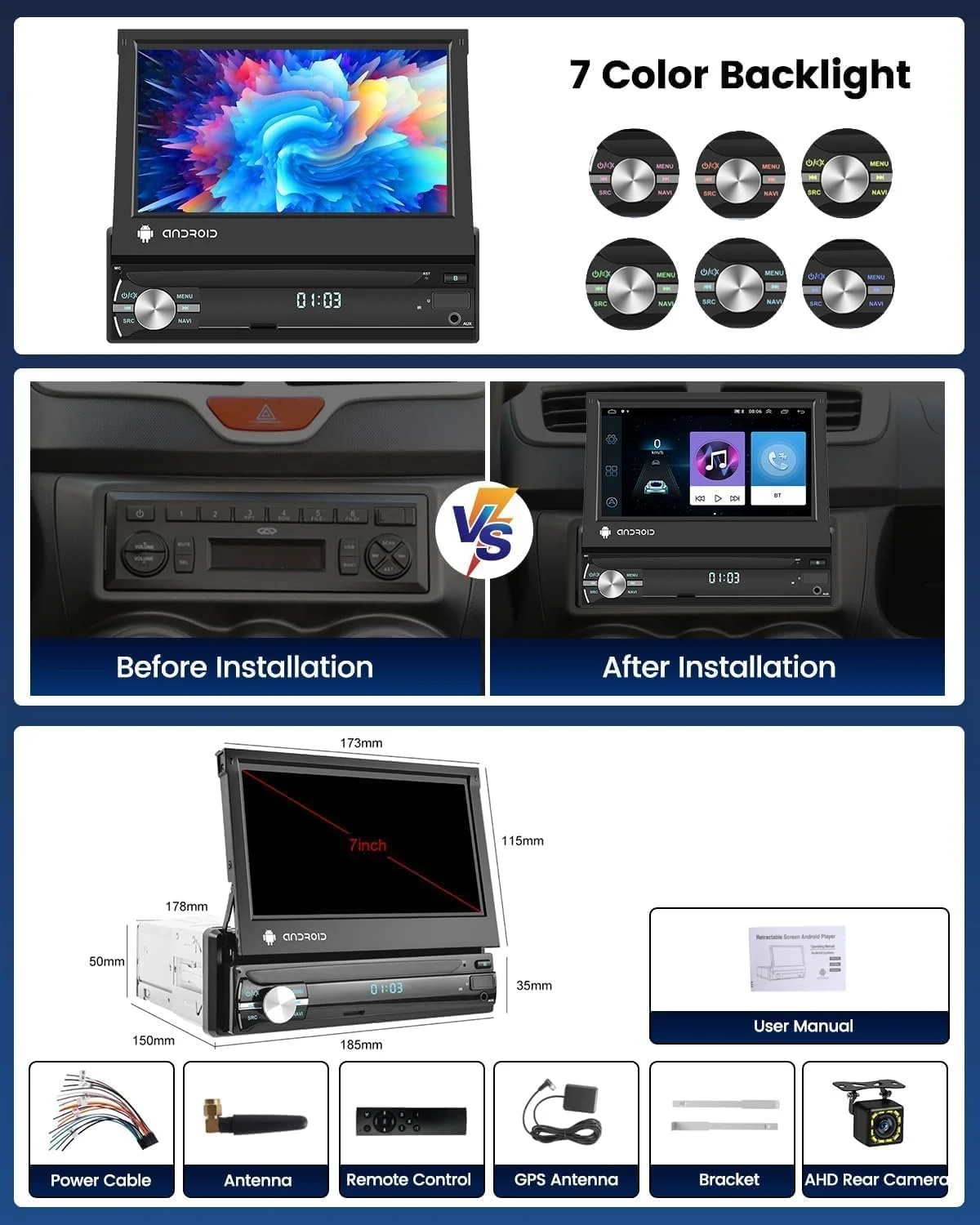 Автомагнитола Hikity / 7" / Сенсорная / 2/16Гб / Android 12 / Bluetooth / WI-FI / GPS / USB / AUX / 1DIN, фото №7