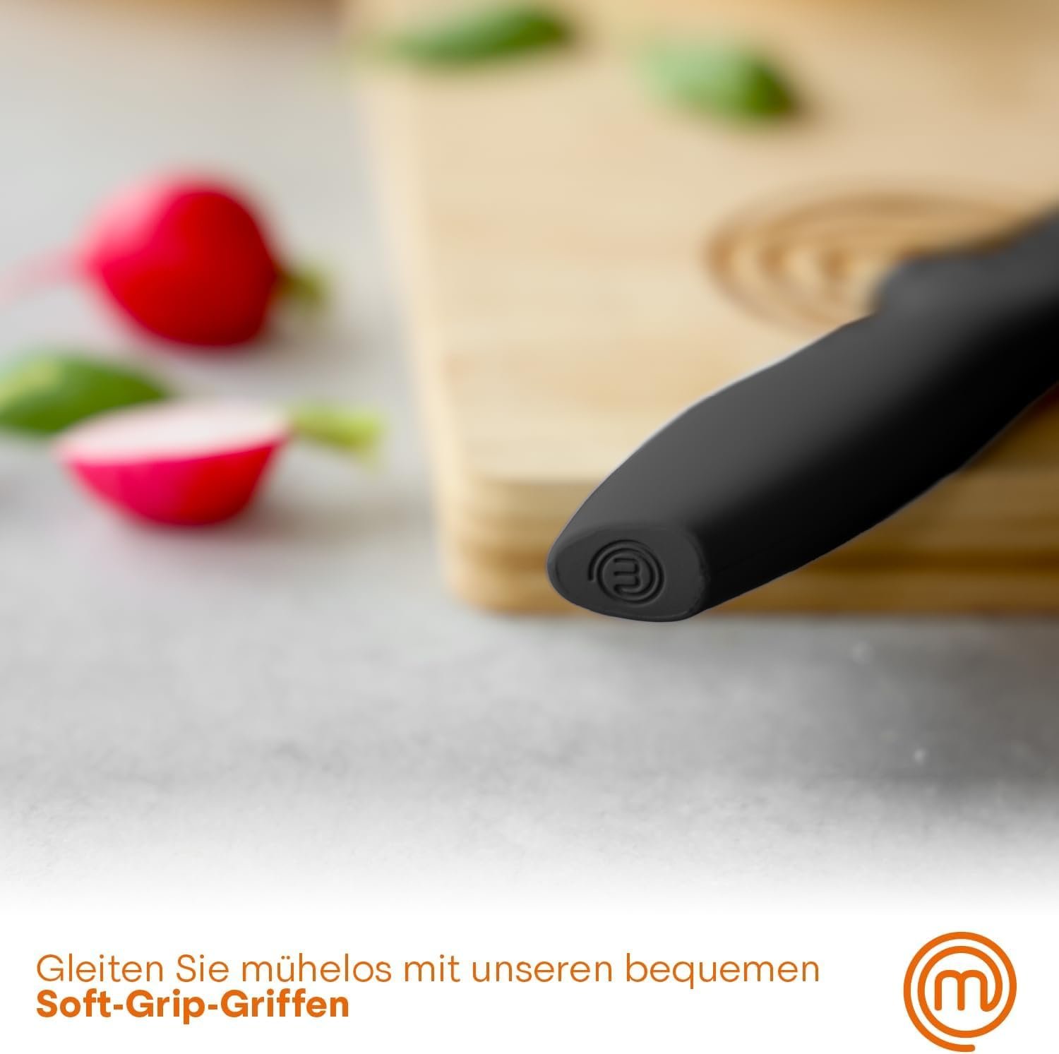 Набір кухонних ножів MasterChef з 5 предметів (ніж шеф-кухаря, ніж для овочів, ніж для очищення овочів, обробний ніж та ніж для хліба), гострі, з нержавіючої сталі, з антипригарним покриттям, ручки Soft Touch, чорний, фото №6
