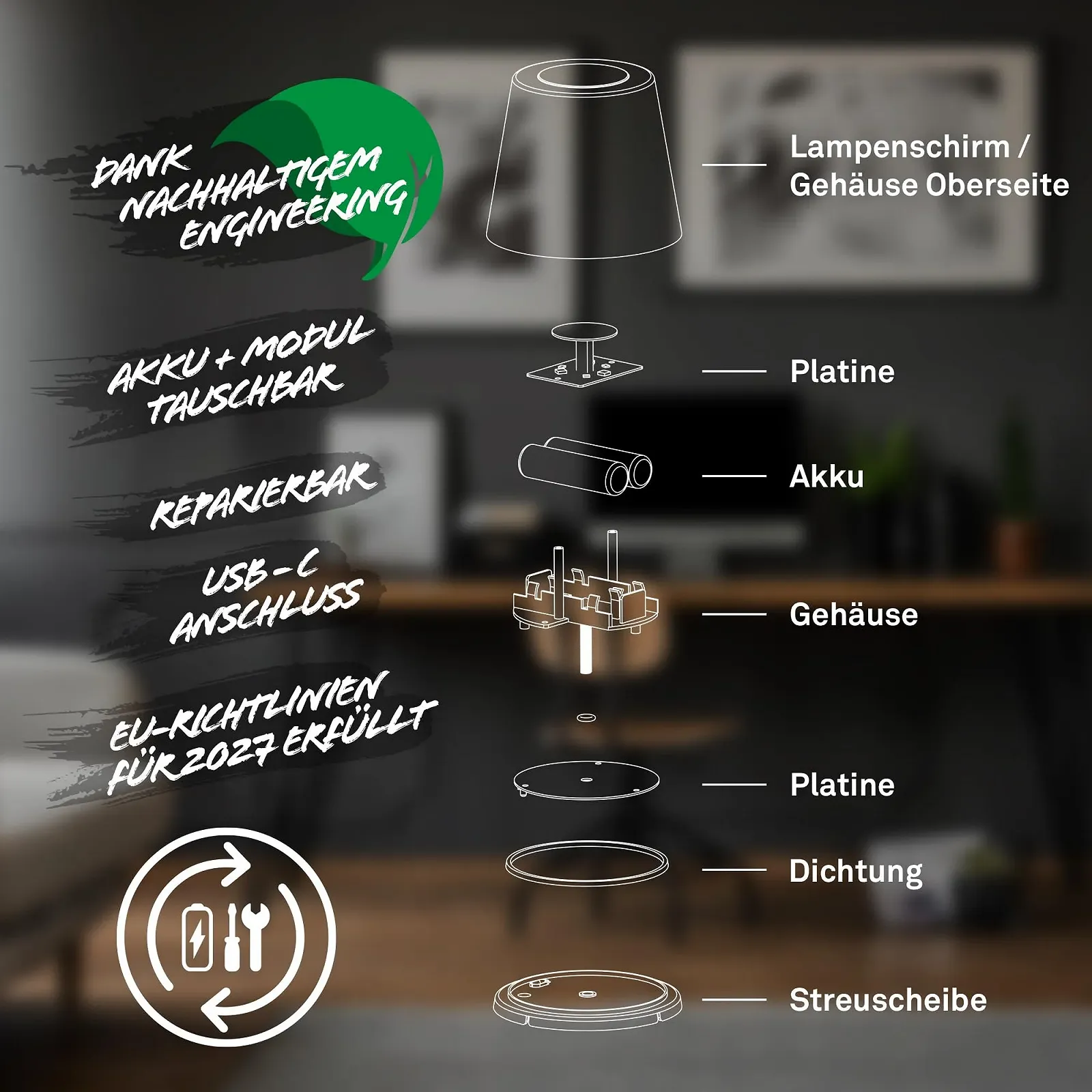 Настольная лампа BRILONER LED Wireless Touch Swivelling Rotatable Battery 38.5 см Black, фото №9