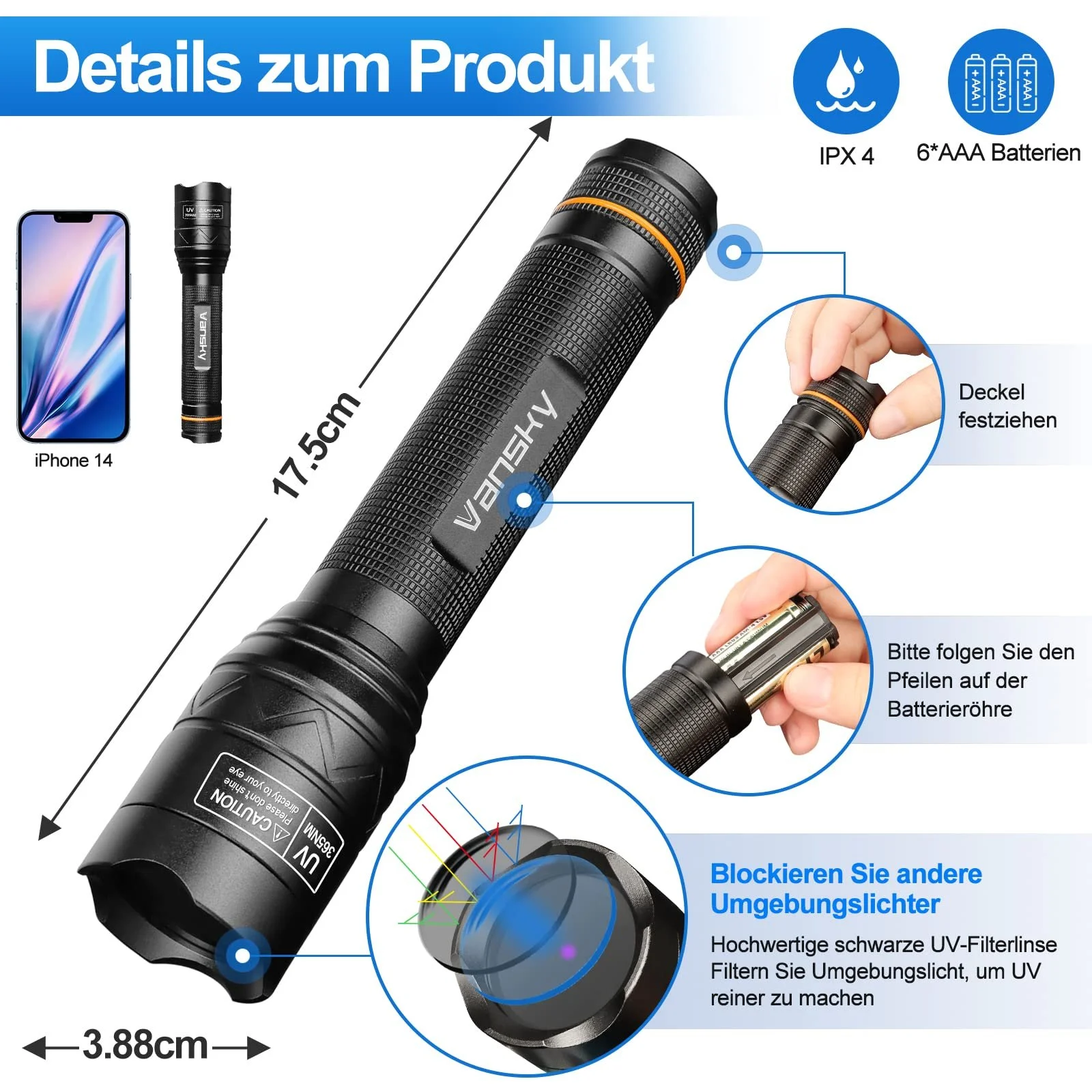 Ліхтар ультрафіолетовий Vansky 365 nm для виявлення сечі котів, собак, для пошуку каміння (батарейки в комплекті), фото №7 Ліхтар ультрафіолетовий Vansky 365 nm для виявлення сечі котів, собак, для пошуку каміння (батарейки в комплекті), фото №7