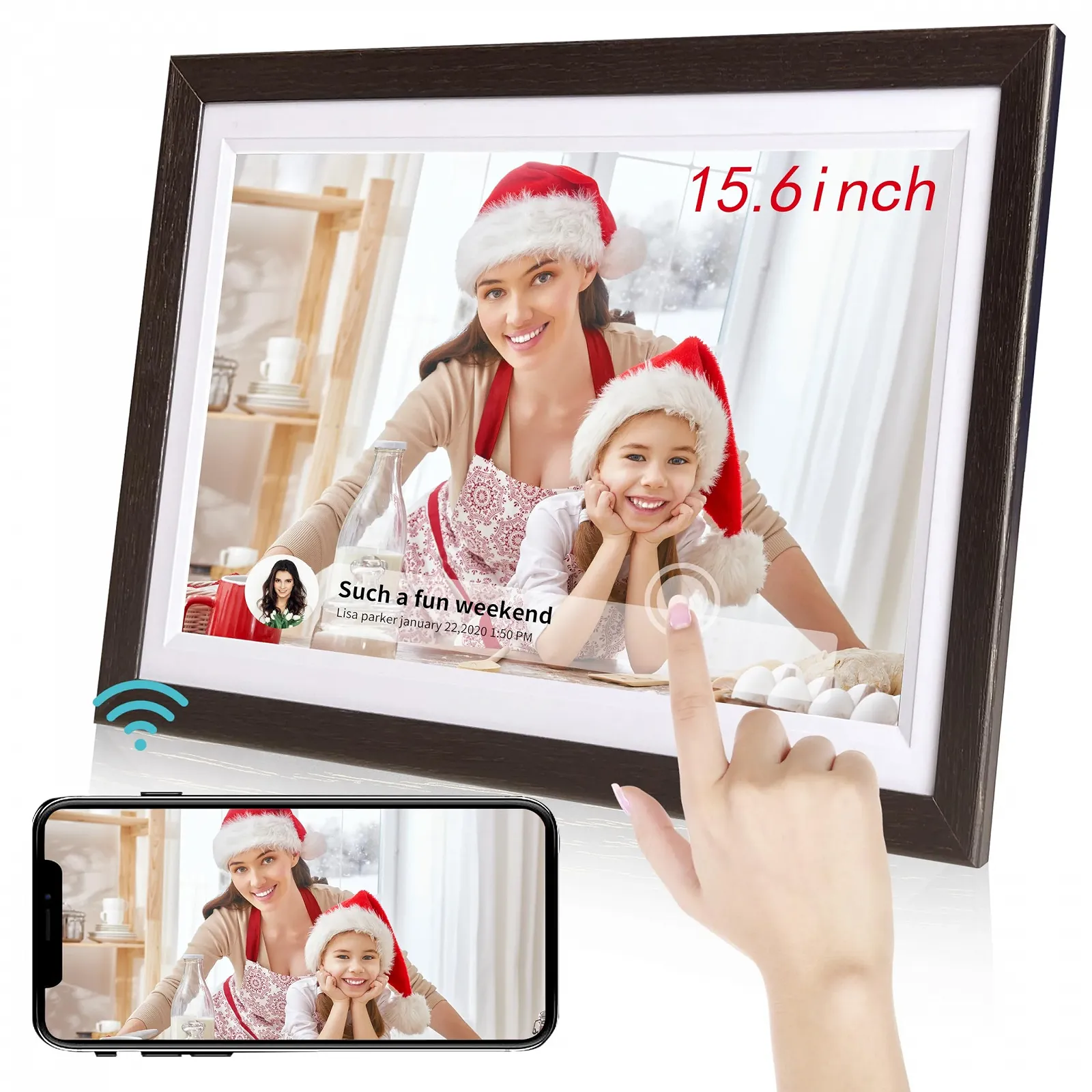 Цифровая фоторамка Frameo 15.6 дюйма 32 GB WiFi 1366 x 768 HD IPS Сенсорный экран Орех, фото №1