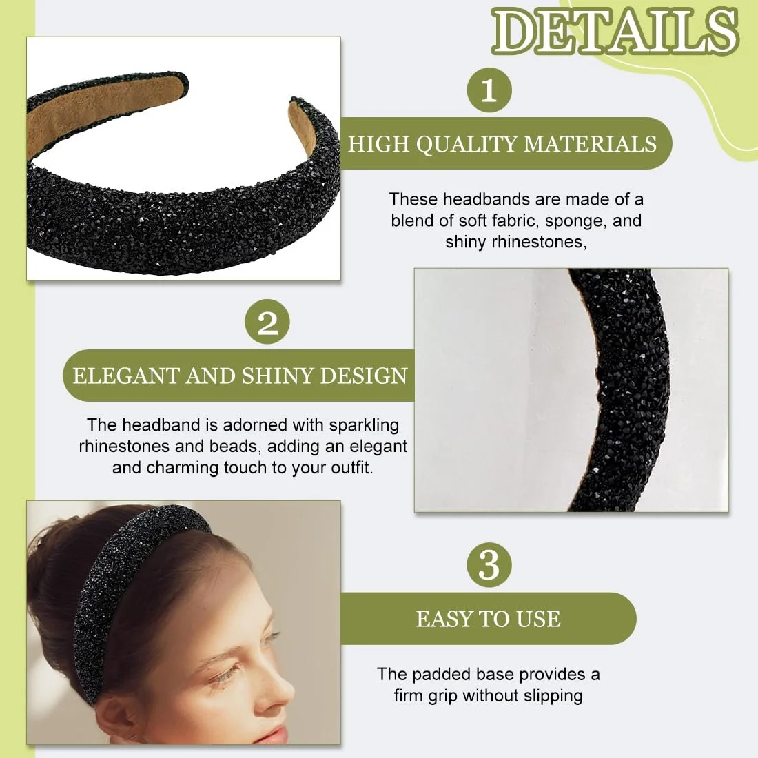 Обруч для волосся з блискітками та стразами для жінок, фото №3