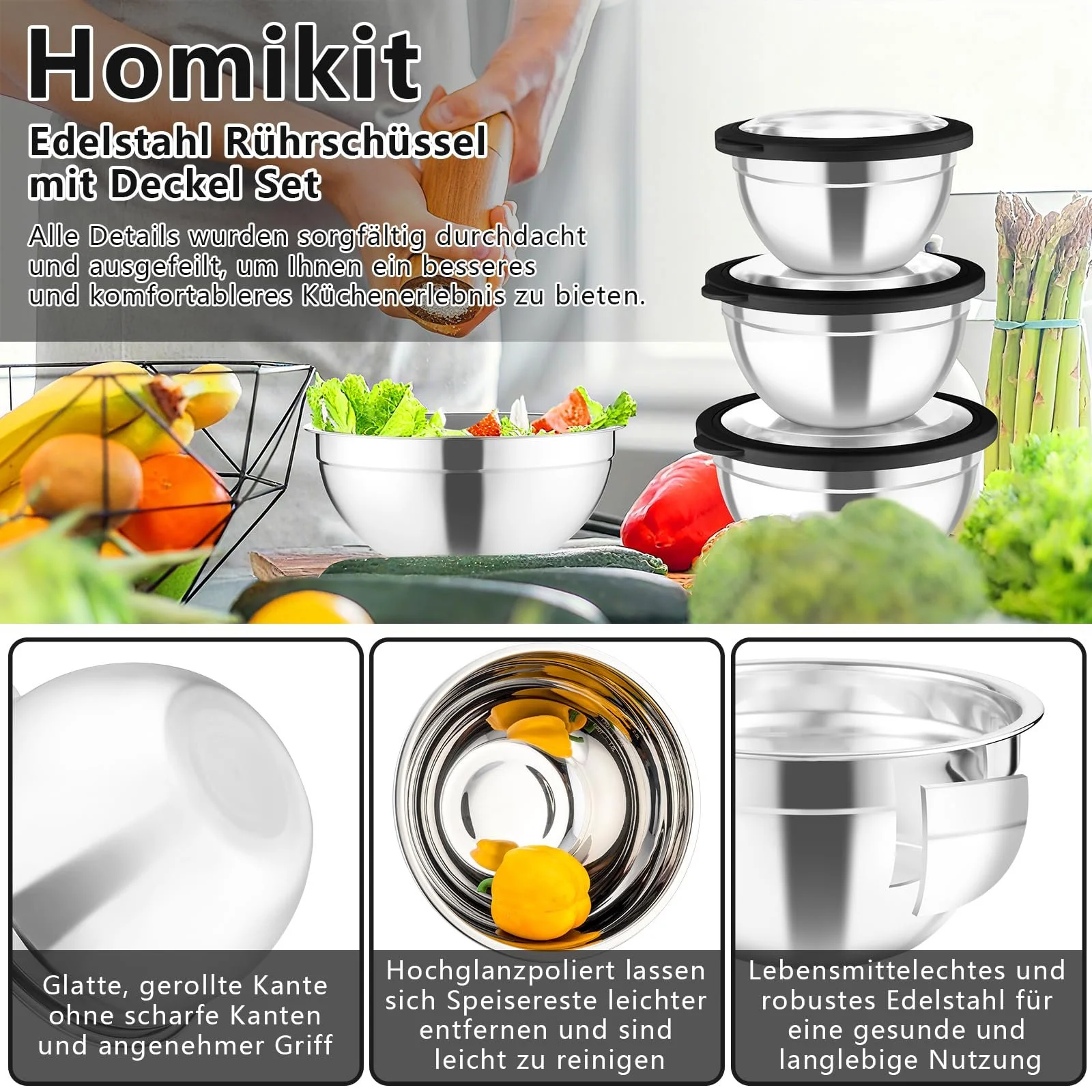 Набор мисок Homikit Набор из 5 шт. Нержавеющая сталь С герметичными крышками Черный, фото №3