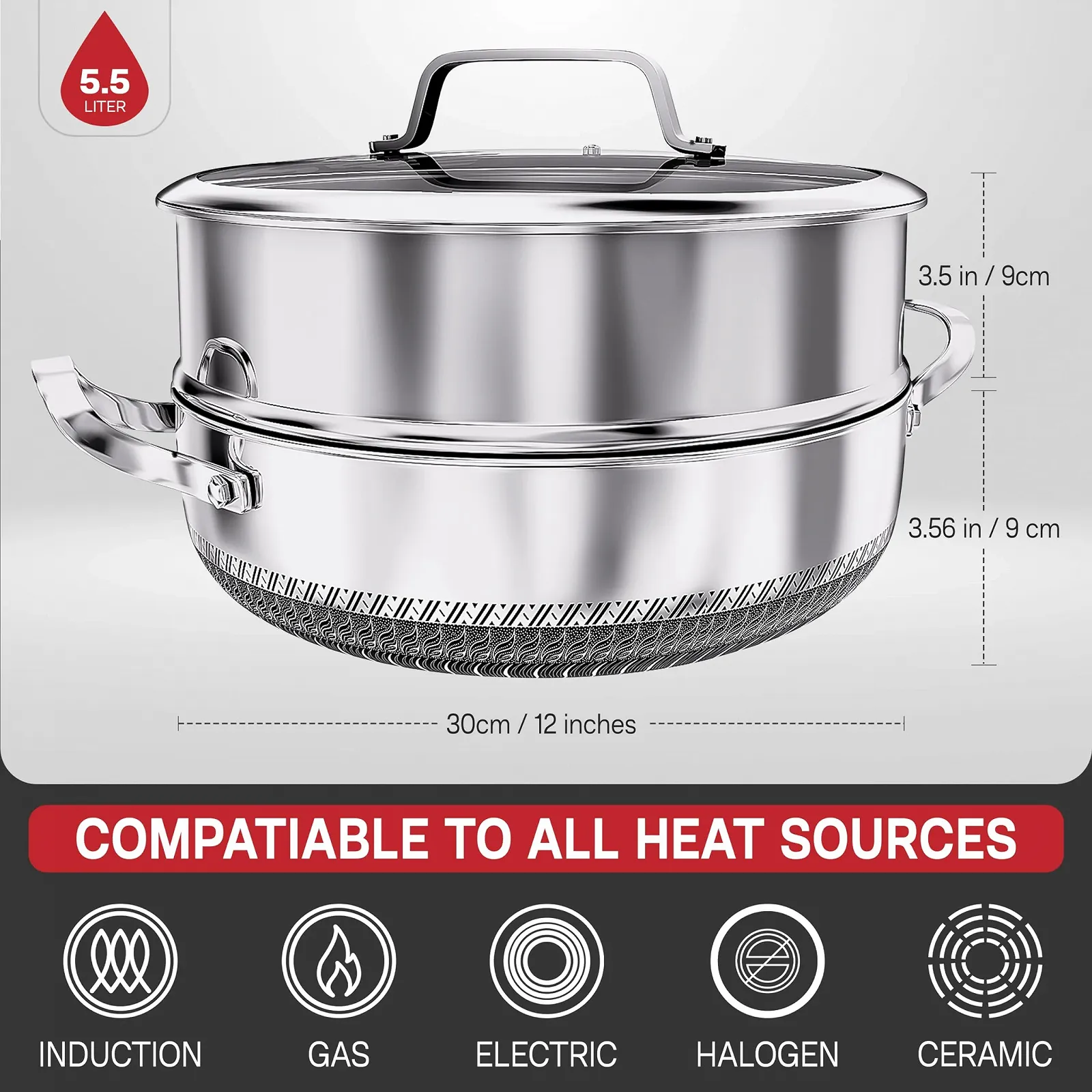 Сотейник антипригарний з кришкою для індукційних, газових та електричних плит з носиком нержавіюча сталь, фото №4