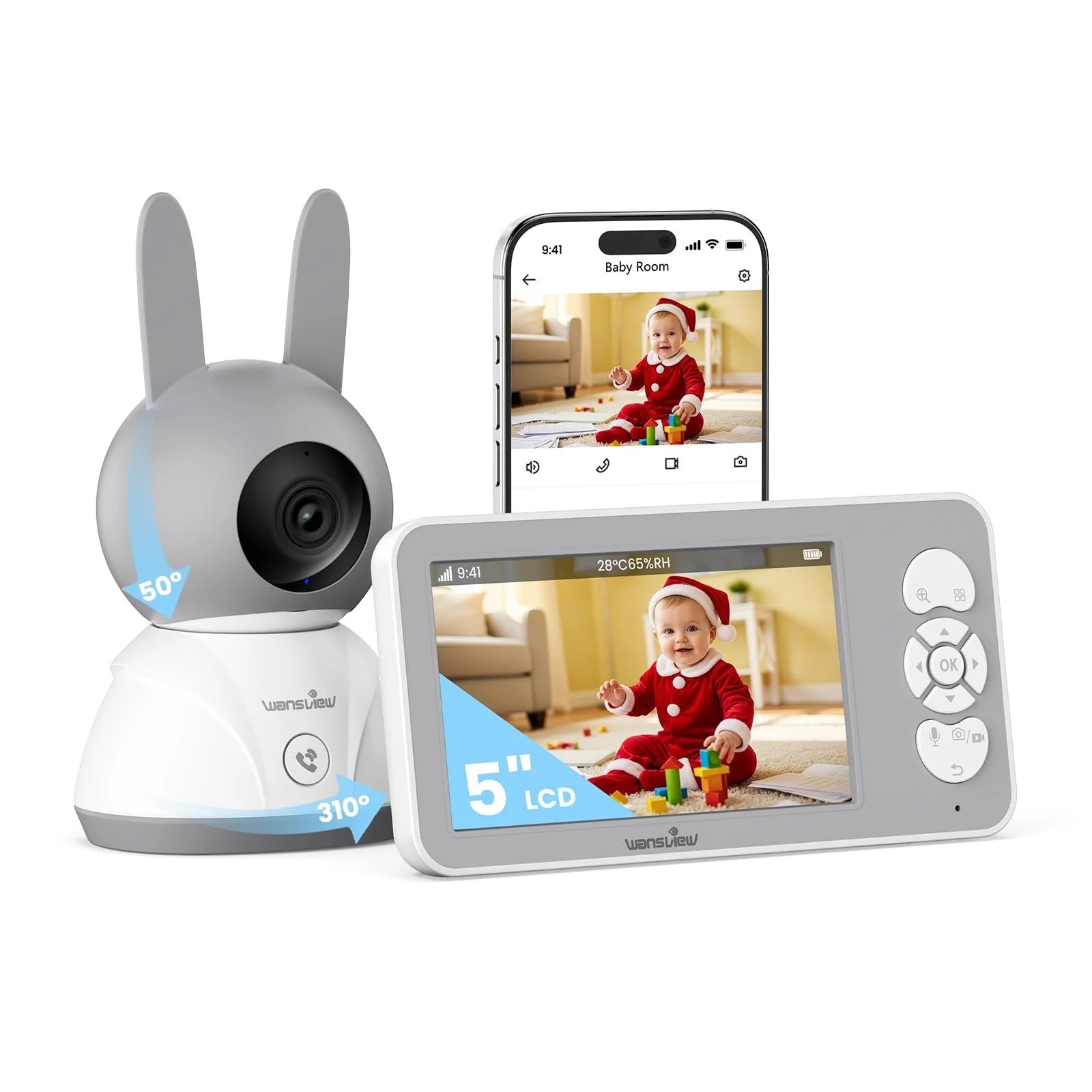 Відеоняня wansview 5 дюймів 1080P WiFi 2.4/5 ГГц IR нічне бачення автовідстеження двосторонній аудіозв'язок датчик температури та руху/шуму, фото №1 Відеоняня wansview 5 дюймів 1080P WiFi 2.4/5 ГГц IR нічне бачення автовідстеження двосторонній аудіозв'язок датчик температури та руху/шуму, фото №1