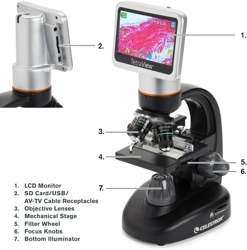 Цифровой микроскоп Celectron TetraView LCD / 4.3" / 5 Мп / 40x-1600x / Черный, фото №9 Цифровой микроскоп Celectron TetraView LCD / 4.3" / 5 Мп / 40x-1600x / Черный, фото №9