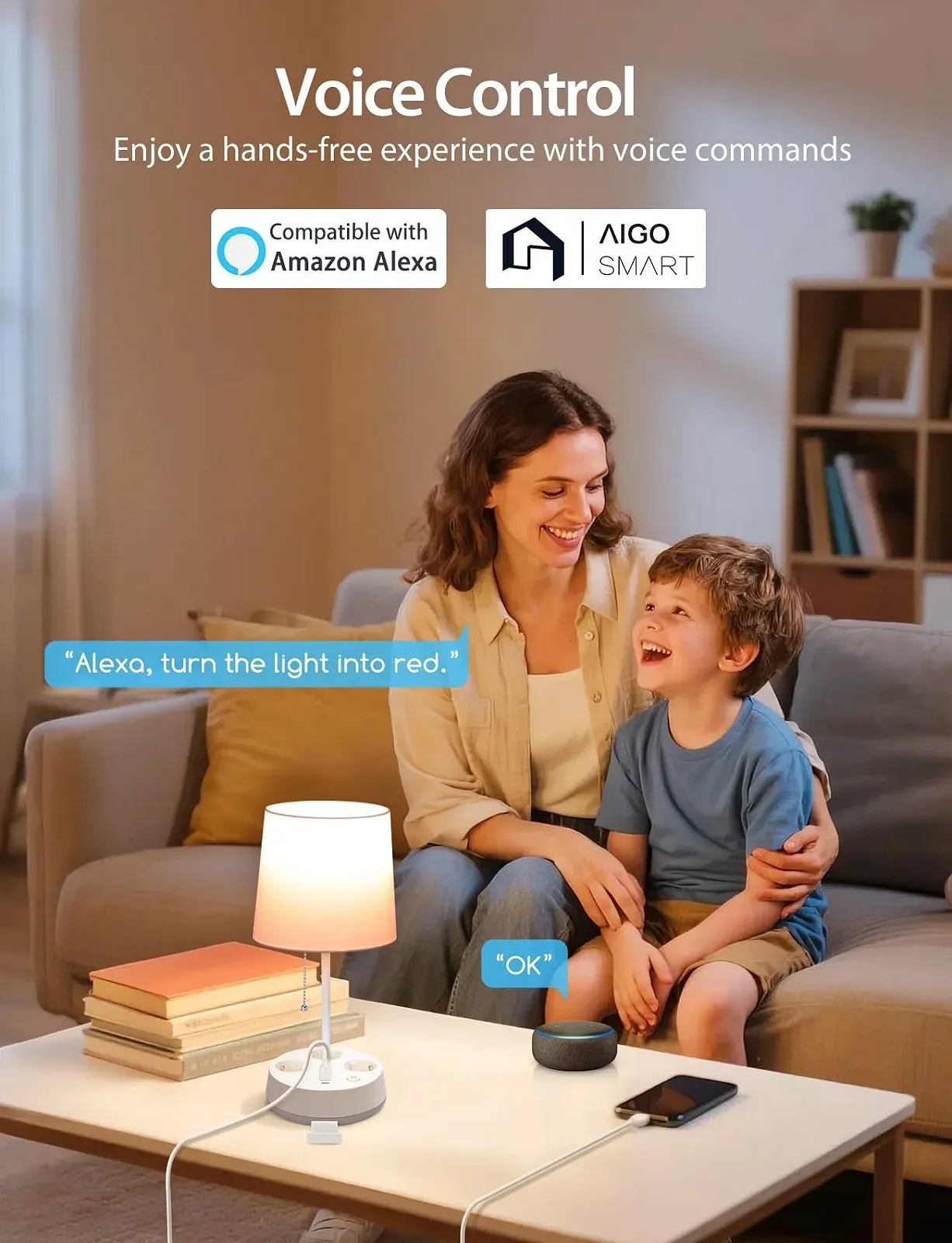 Настільна лампа Aigostar Smart LED RGB димована з 3 розетками та 3 USB-портами біла, фото №2