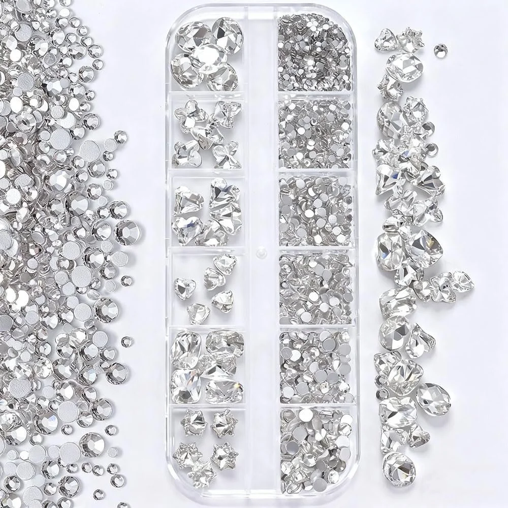 Стразы для ногтей Серебряные прозрачные 12 Grid, овальные, бабочки, сердца, цветы, круглые бриллианты, 3D, фото №8