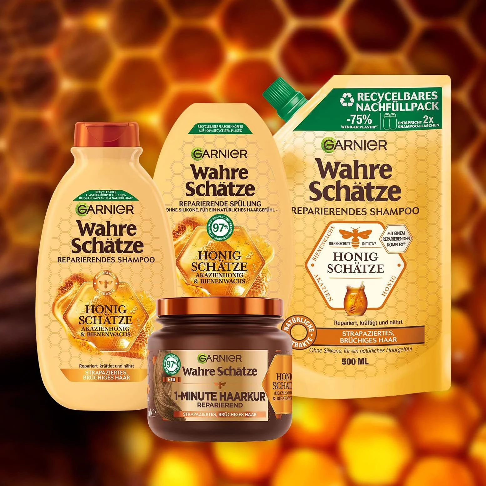 Шампунь Garnier True Treasures Восстанавливающий Медовые Сокровища для поврежденных и ломких волос 3 x 250 мл, фото №4 Шампунь Garnier True Treasures Восстанавливающий Медовые Сокровища для поврежденных и ломких волос 3 x 250 мл, фото №4