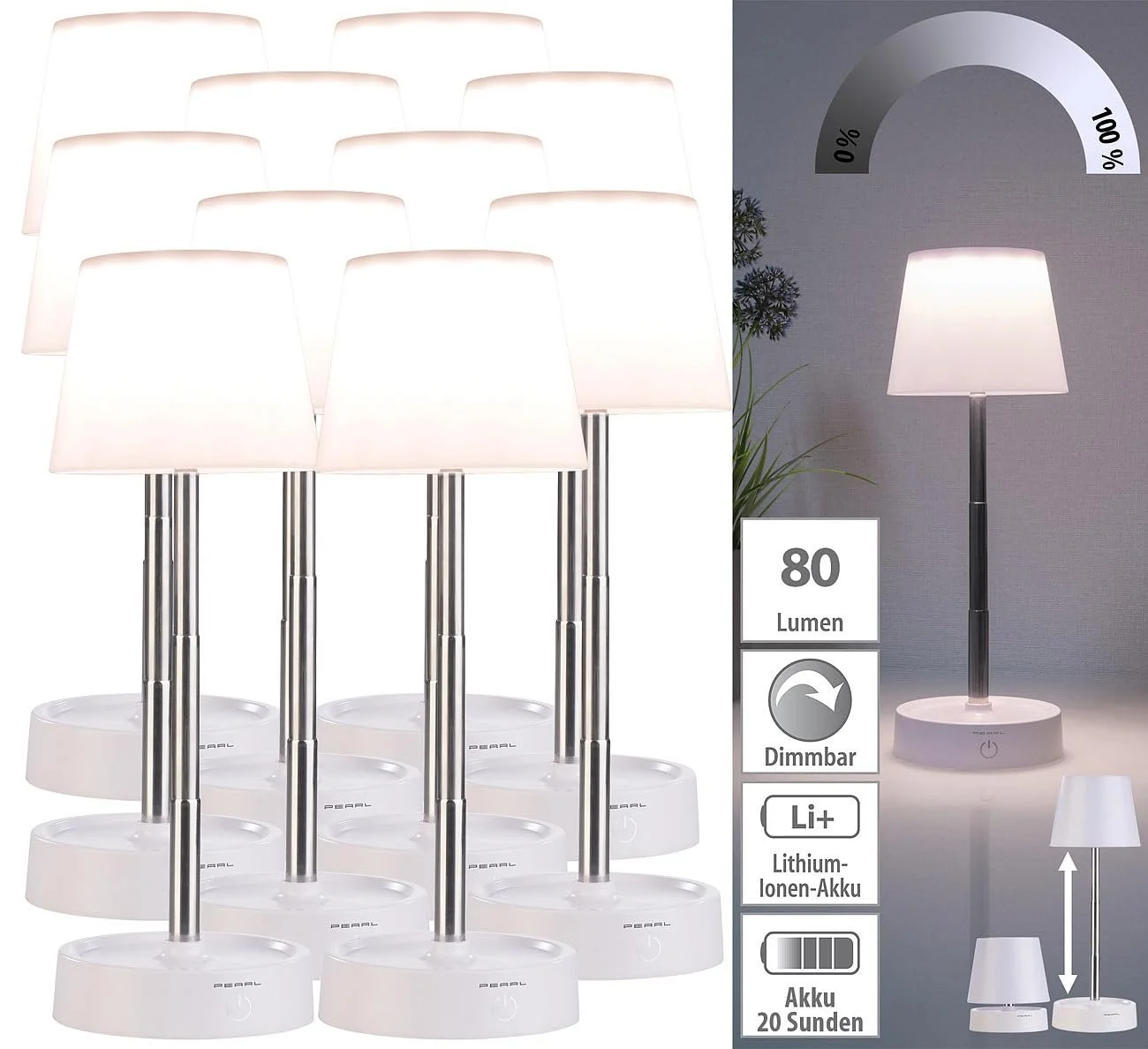 Настільна лампа PEARL комплект 8 шт. акумуляторна телескопічна з димуванням 80 лм 1200 мАг Біла, фото №3