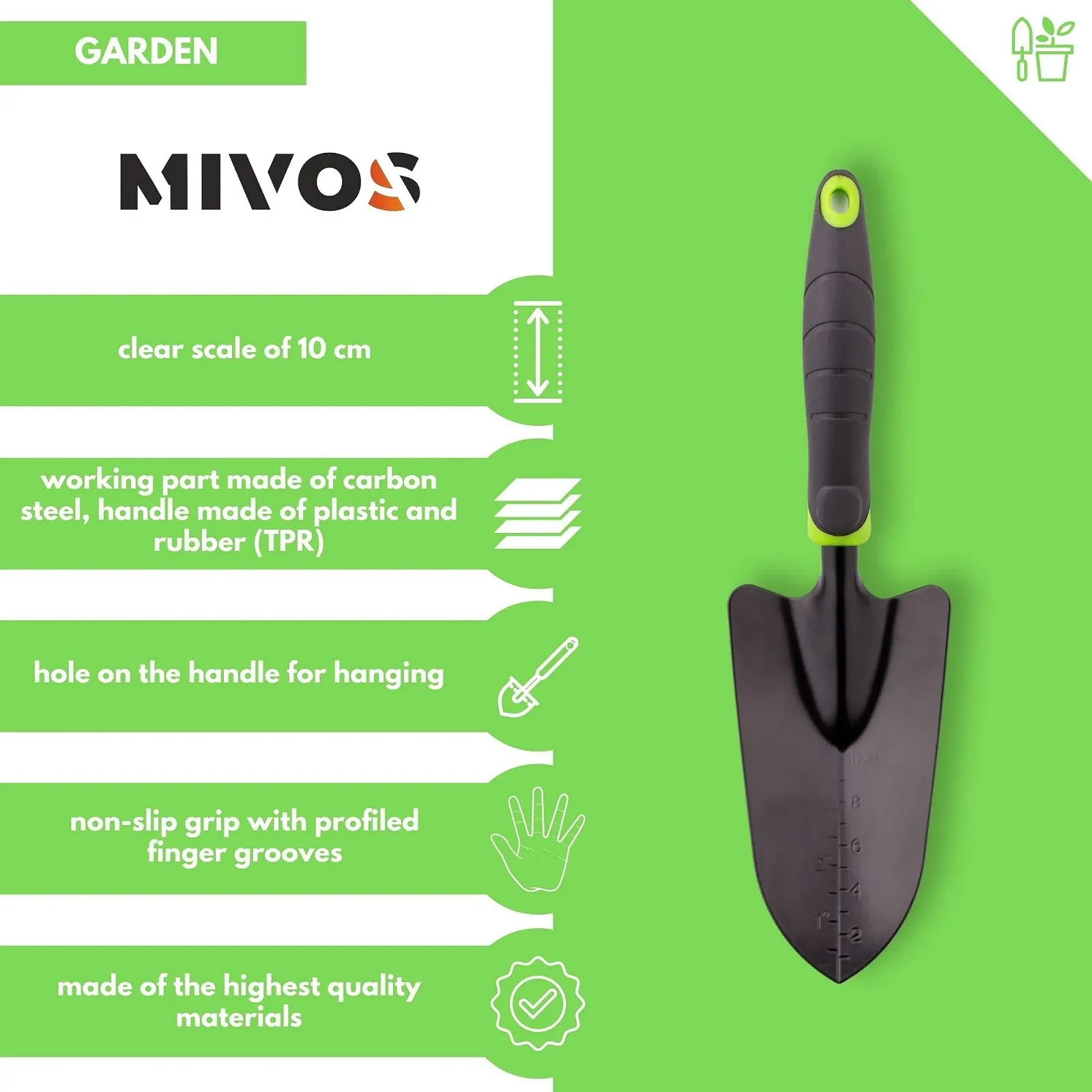 Лопатка стальная Mivos для посадки и пересадки, 8 см, черный и зеленый, фото №2