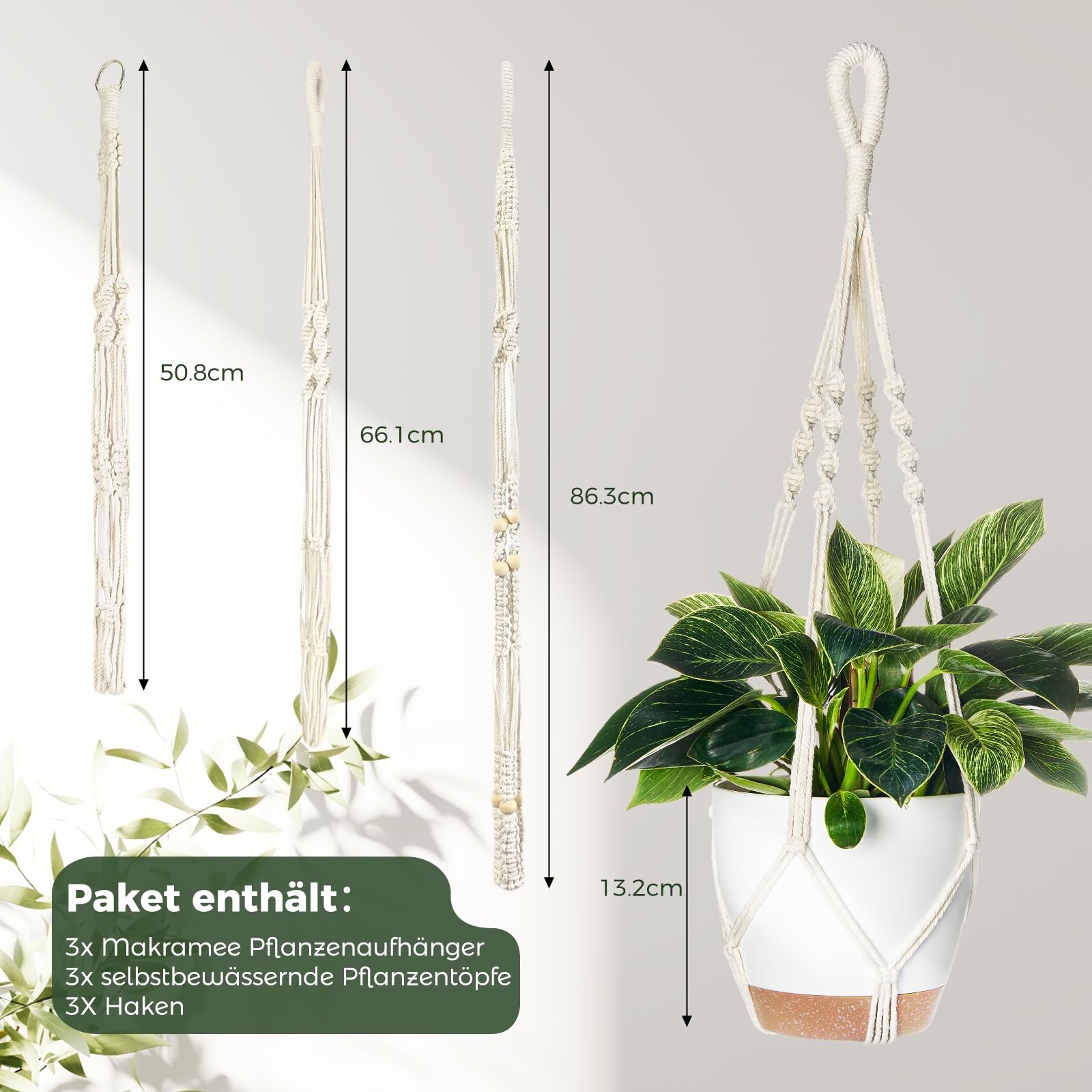 Підвісний кошик макраме Bamworld з 3 горщиками, набір для декору, фото №3