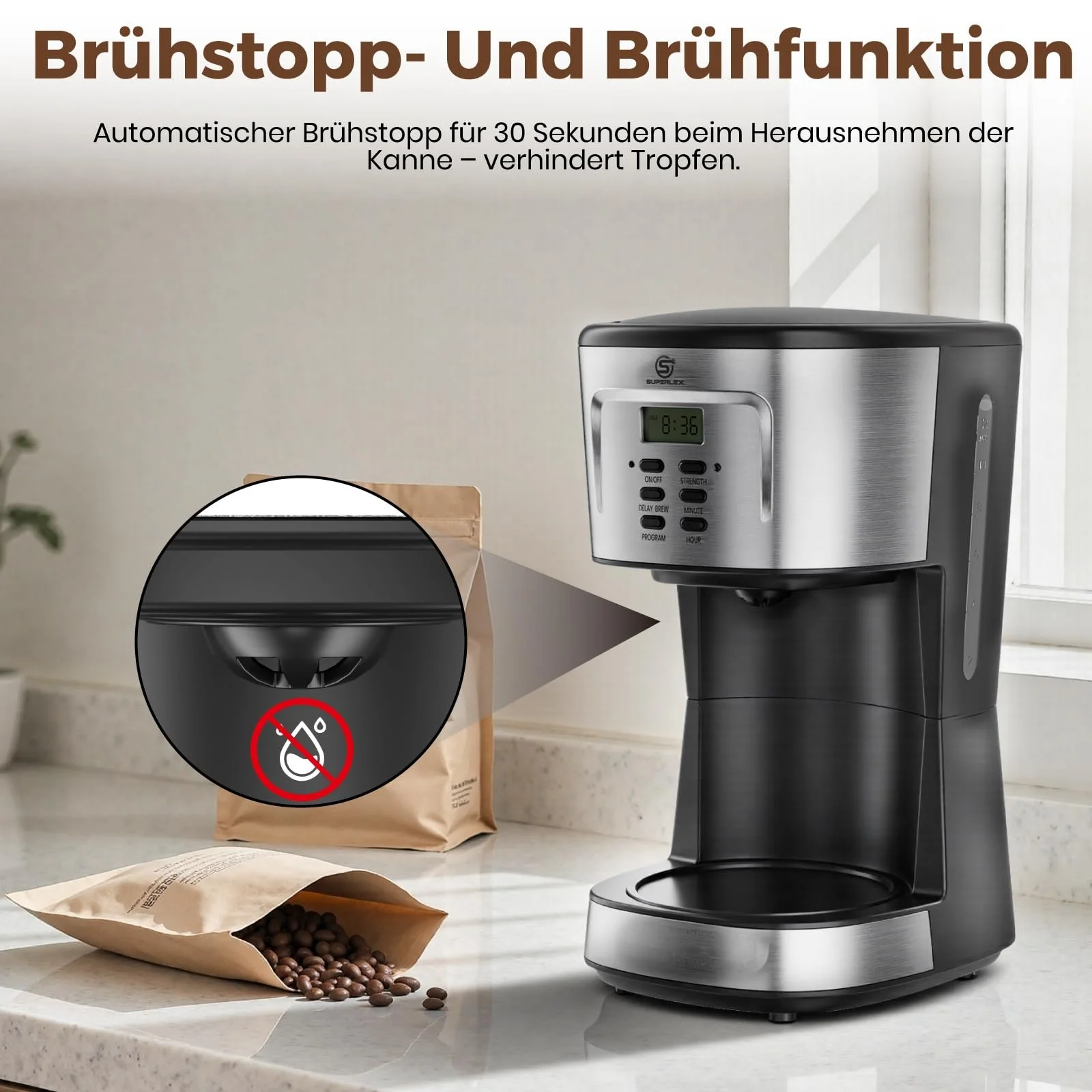 Кофеварка капельная 1.5 л 900 W стеклянный кувшин таймер автоматическое отключение, фото №9