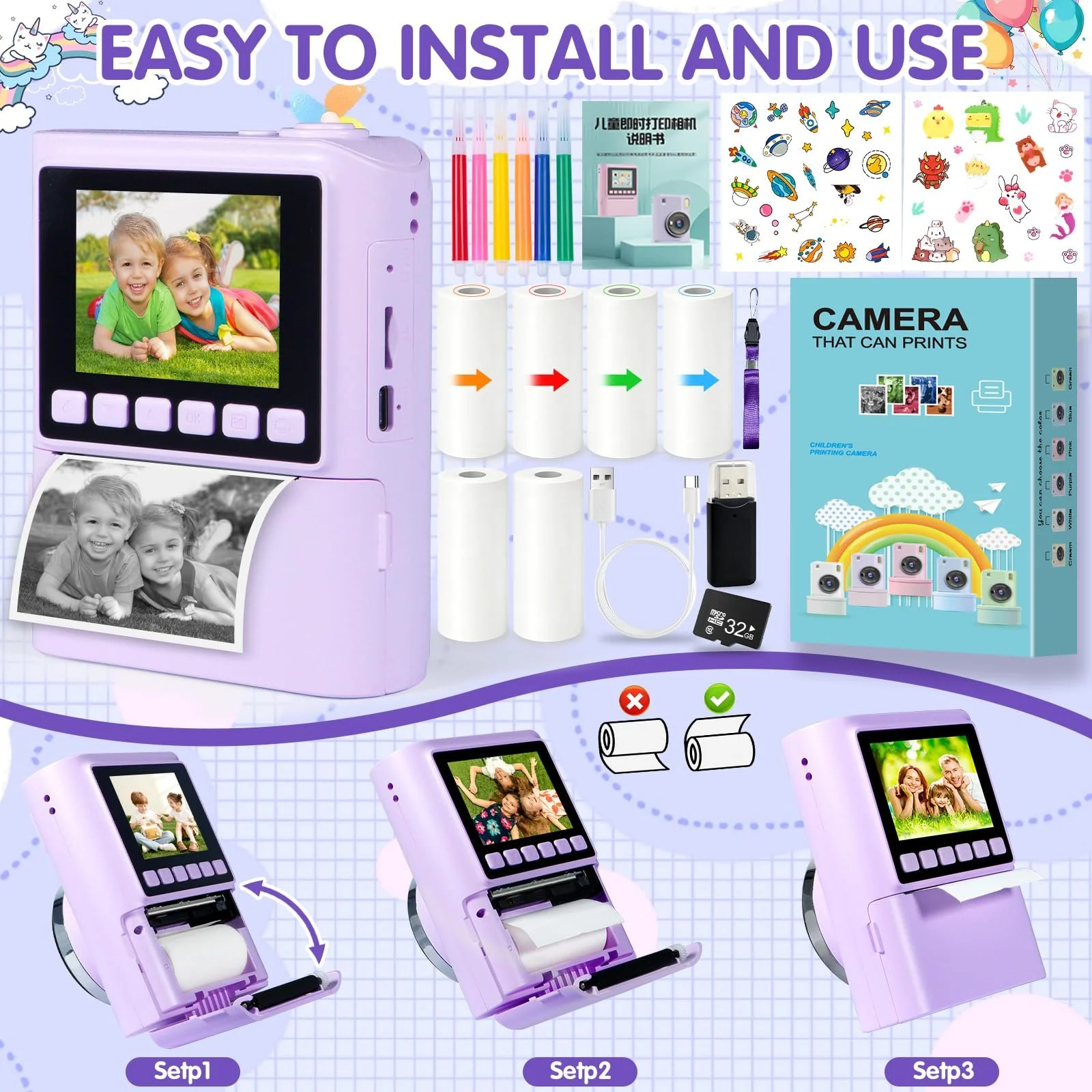 Детская фотокамера мгновенной печати 1080P HD 2.4 дюйма Screen 32GB 6 рулонов бумаги для печати, фото №2