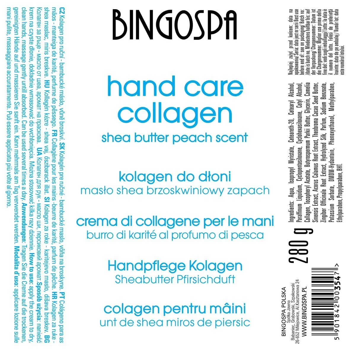 Крем для рук BINGOSPA З колагеном Персик та масло ши для сухої шкіри рук, почервоніння, потріскання та подразнення, 280 г, фото №3