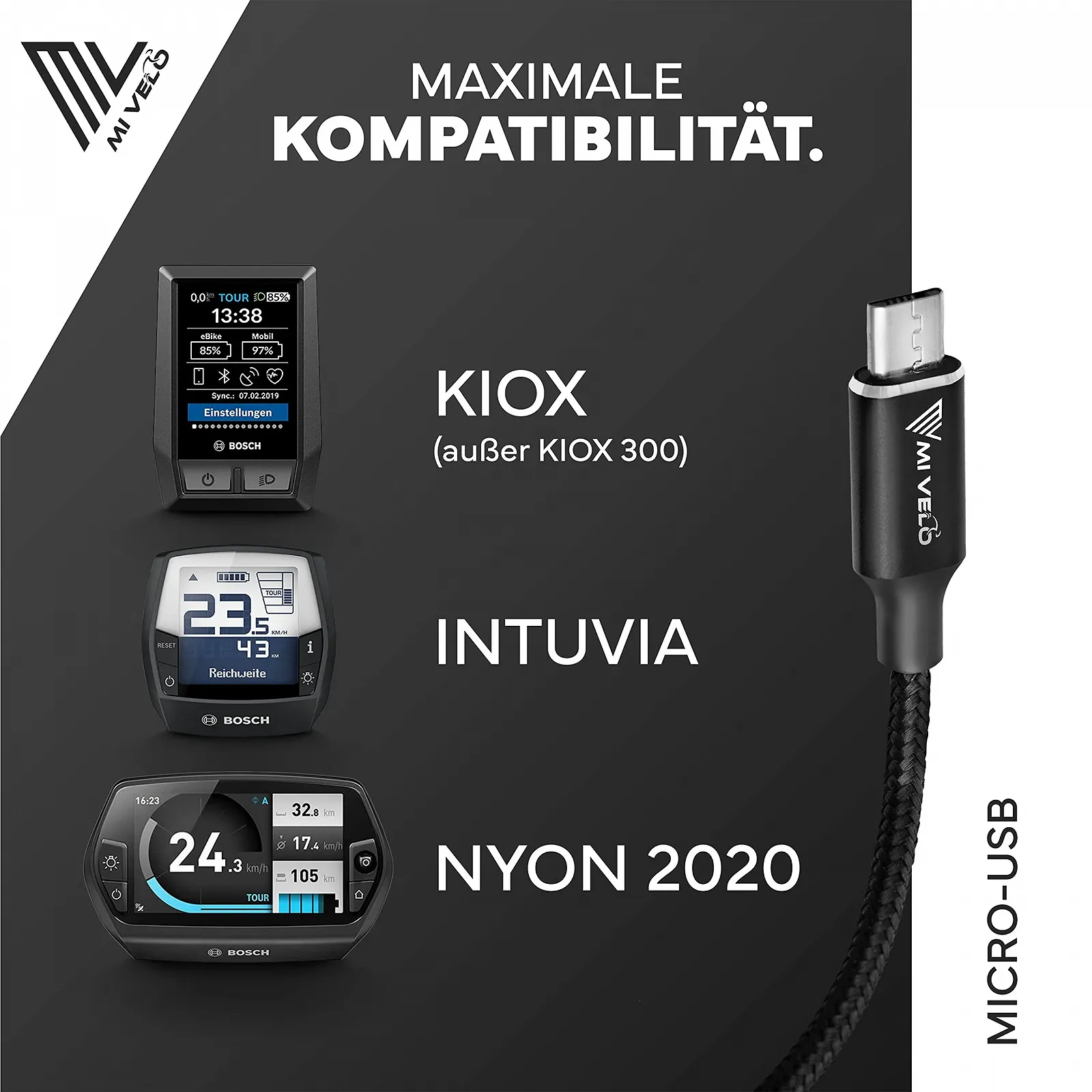Зарядний кабель для електровелосипеда MIVELO for Bosch Intuvia, Kiox, Nyon Micro USB to Lightning 40 см OTG Function, фото №2