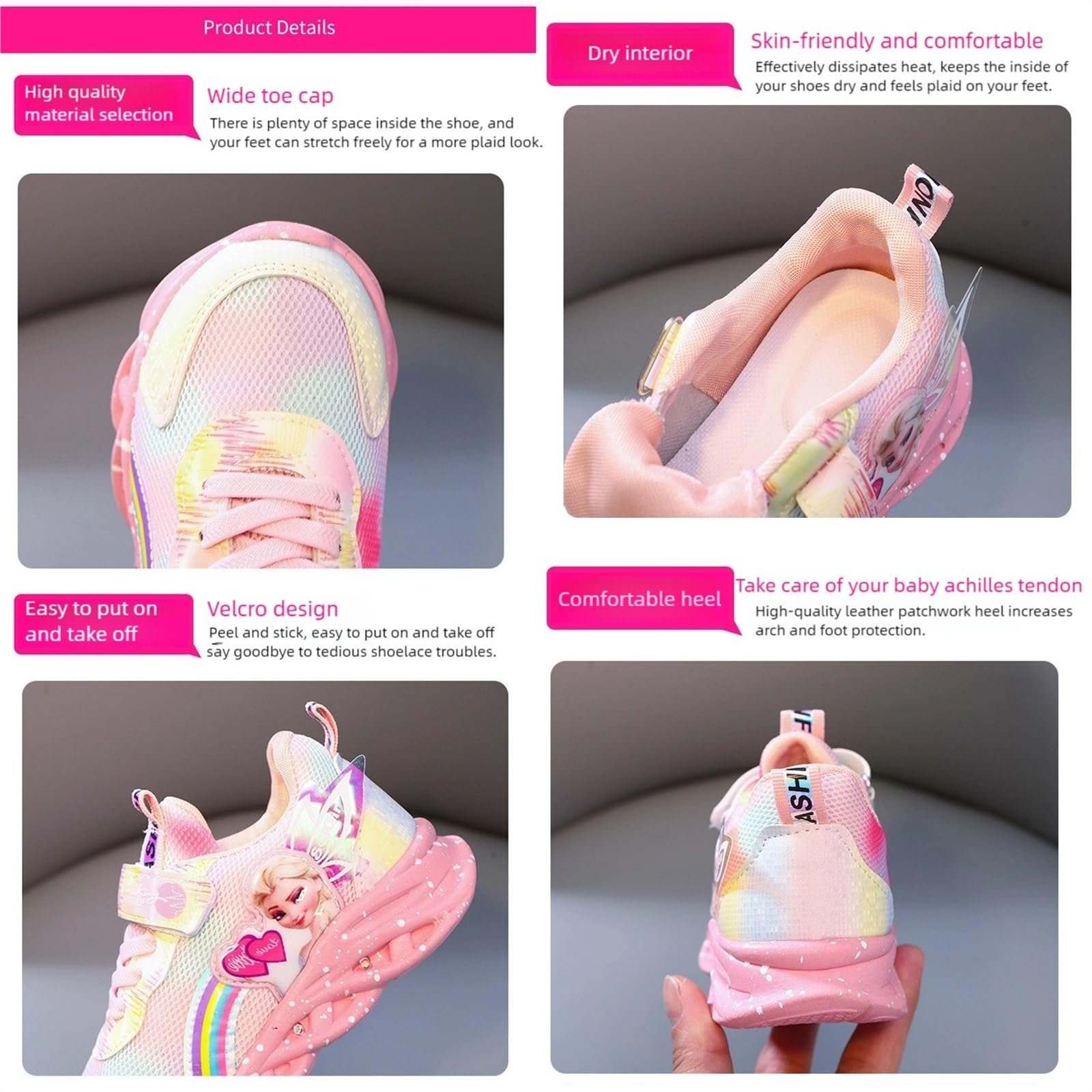 Детские светящиеся кроссовки Elsa для девочек, кроссовки с подсветкой и застежкой-липучкой, легкие нескользящие кроссовки, розово-фиолетовые кроссовки для девочек для весны, лета и осени, фото №6