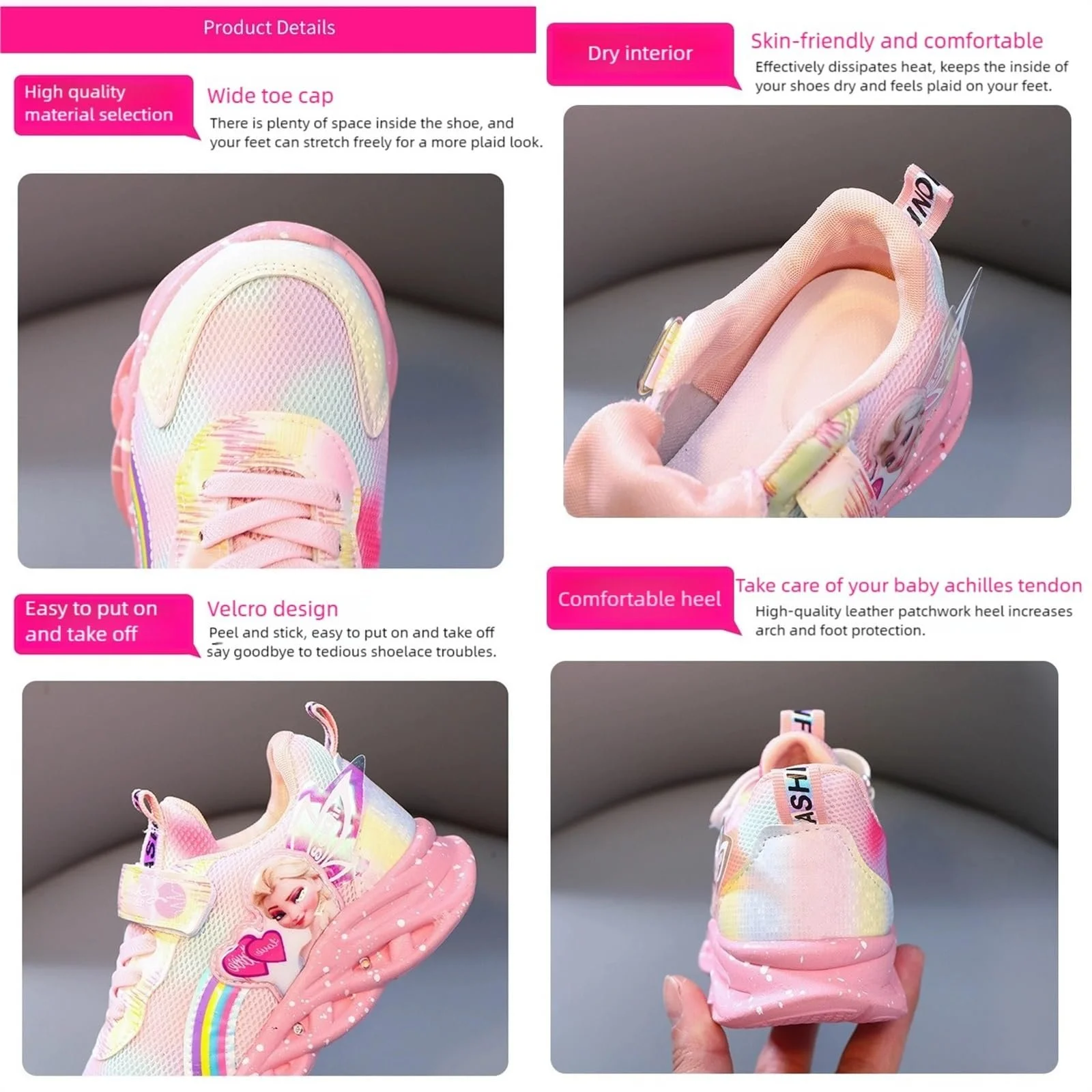 Дитячі кросівки Elsa для дівчаток, кросівки з підсвічуванням та застібкою-липучкою, легкі нековзкі, фото №6