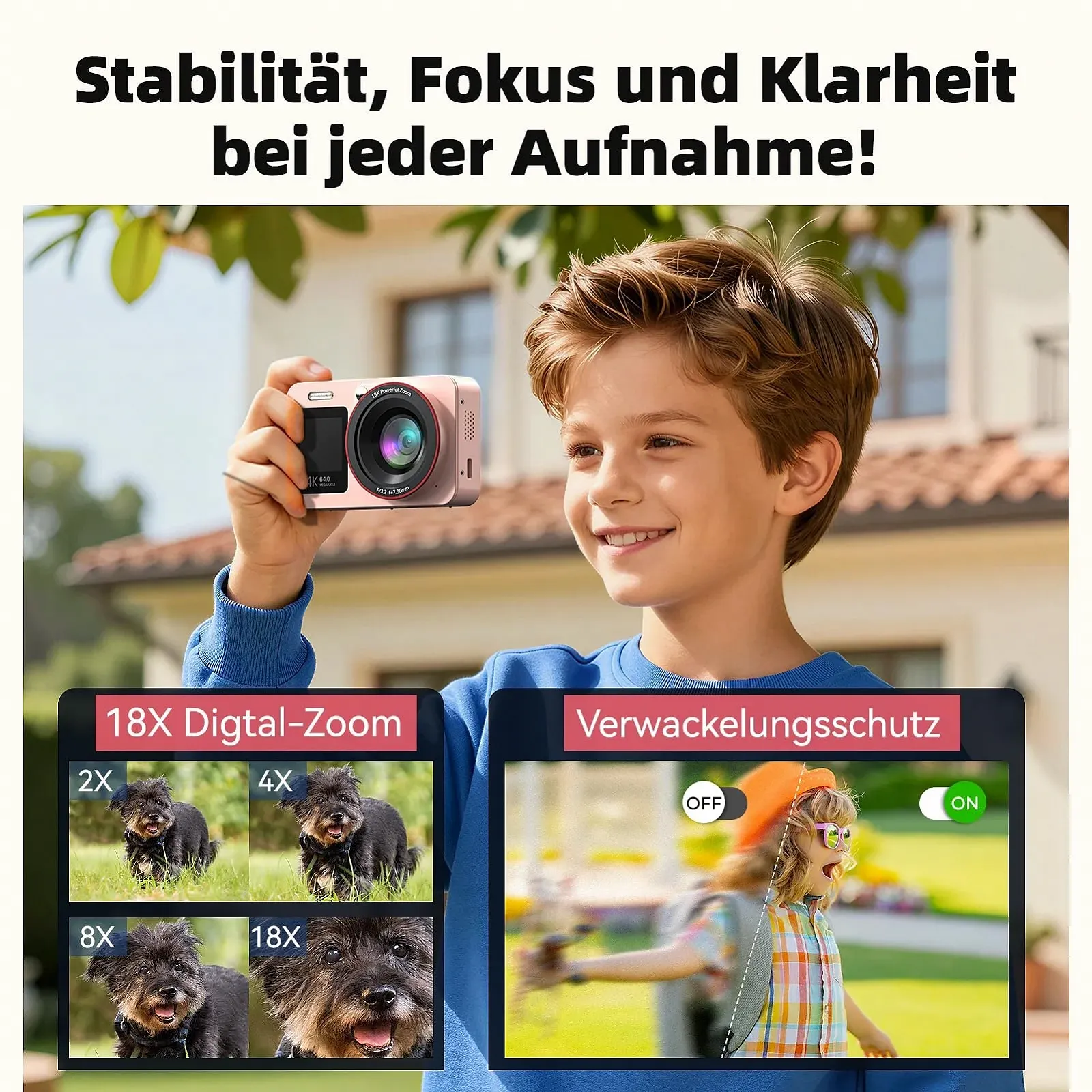 Цифрова фотокамера 4K 64MP Vlogging Compact Camera 18X Zoom для дітей та початківців 2 екрани 2 акумулятори 64GB SD Card Pink, фото №4