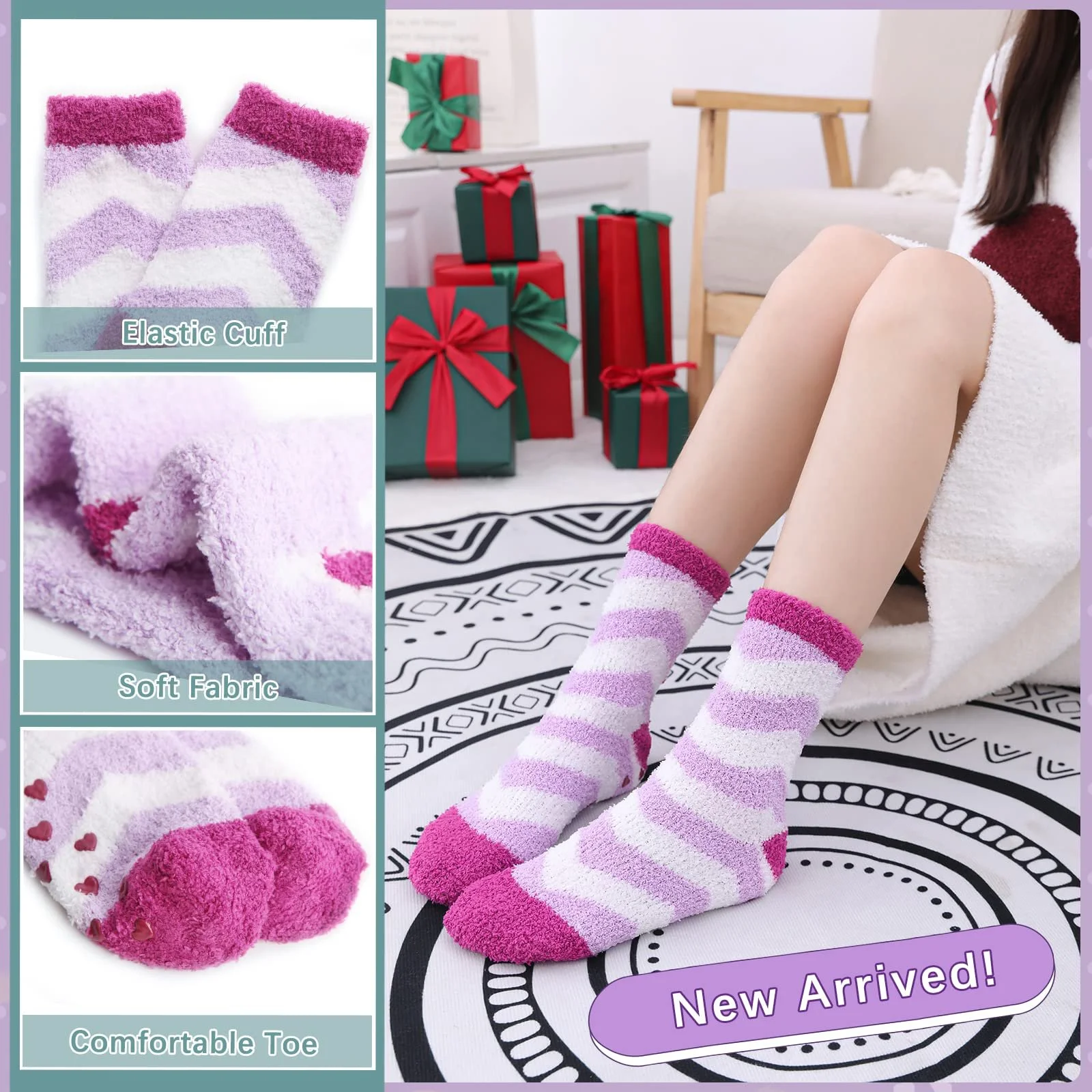 Носки Cuddly Stopper Женские Пушистые Зимние Носки Теплые Носки-тапочки Носки для кровати Домашние Носки, 6 пар фиолетовые, Универсальный размер, фото №2