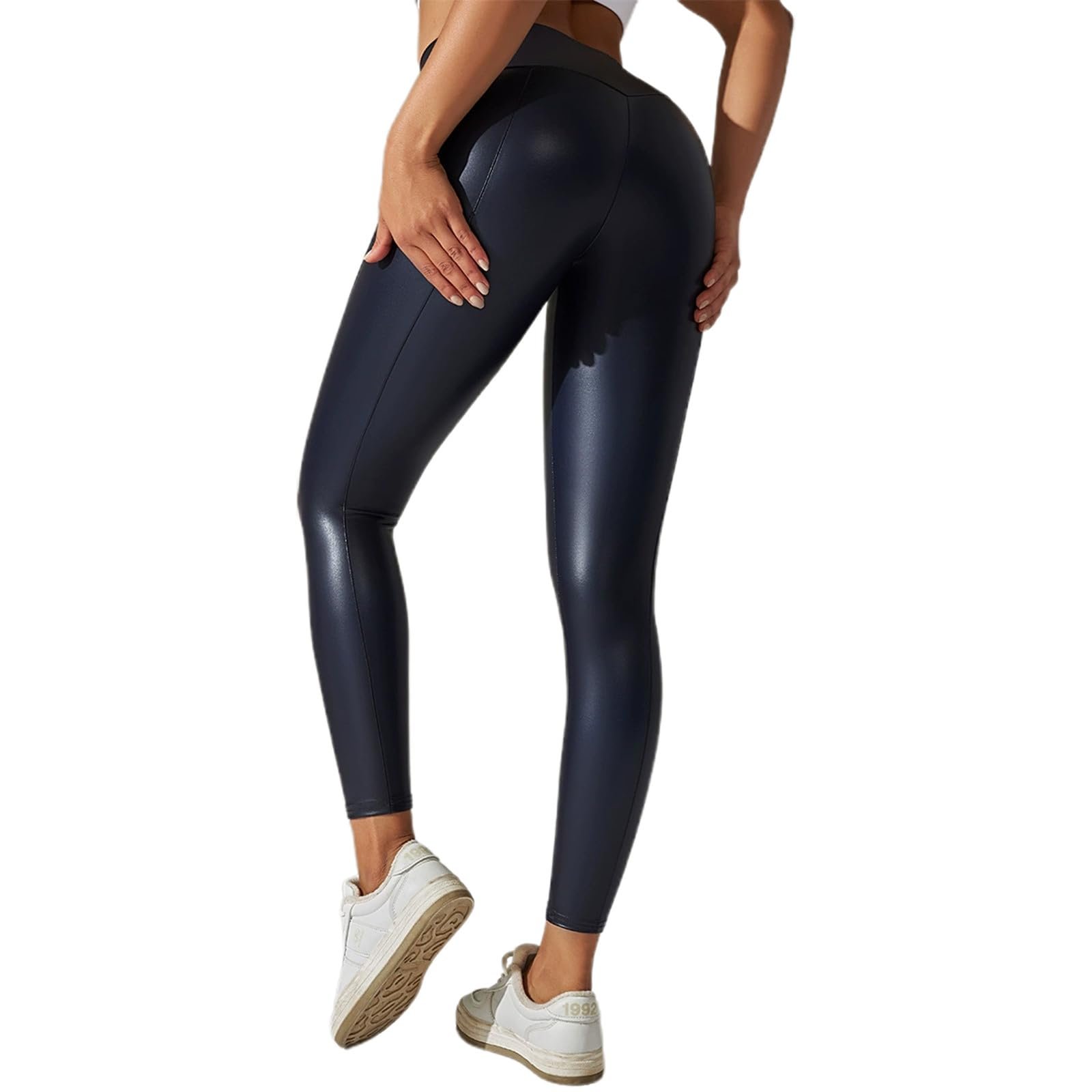 Леггинсы Aerobic Outfit Кожаные эластичные облегающие с высокой талией укороченные (9/10) Женские Красные в полоску, фото №1
