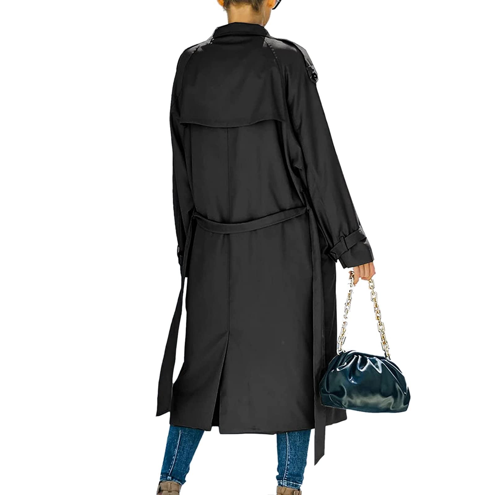 Женский Классический Длинный Тренчкот Двубортный с Лацканами Длинный Рукав Ветрозащитное с Поясом, фото №3