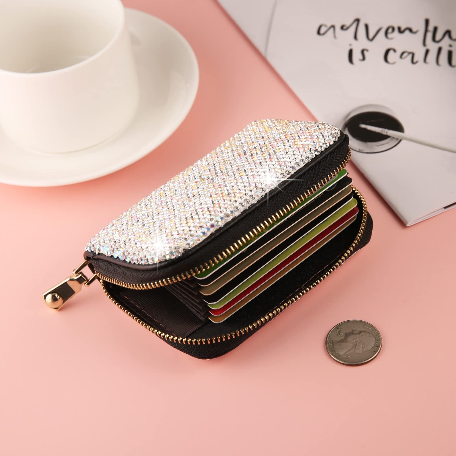 Картхолдер AsAlways Rhinestone для кредитных карт для женщин, с RFID-защитой, тонкий кожаный кошелек на молнии, серебристый, Modern, серебристый, фото №4