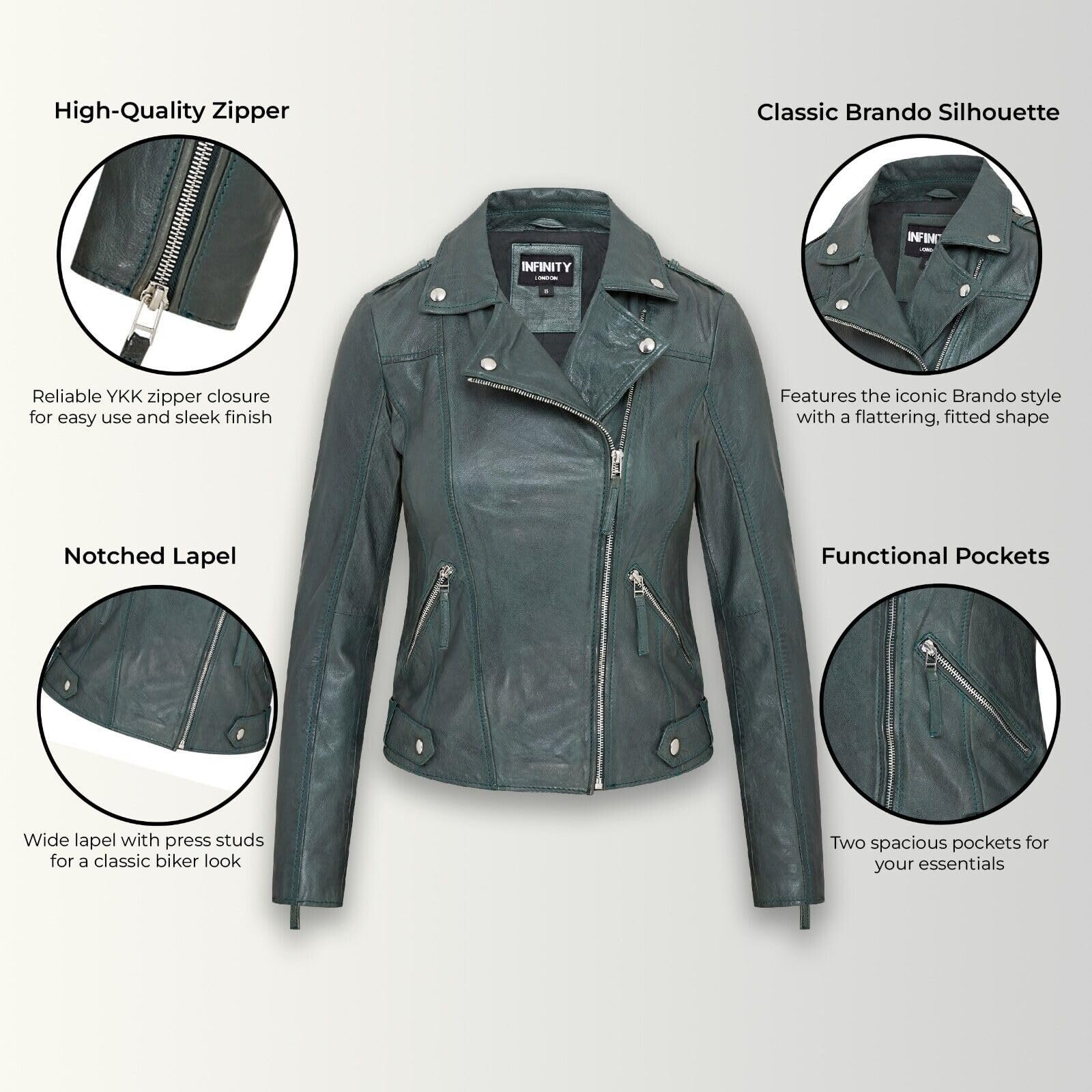Кожаная куртка Infinity Leather Brando Motorcyclist Зеленый с молнией, фото №2