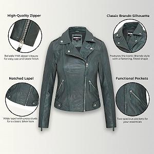 Кожаная куртка Infinity Leather Brando Motorcyclist Зеленый с молнией synthetic.ua - Фото 1