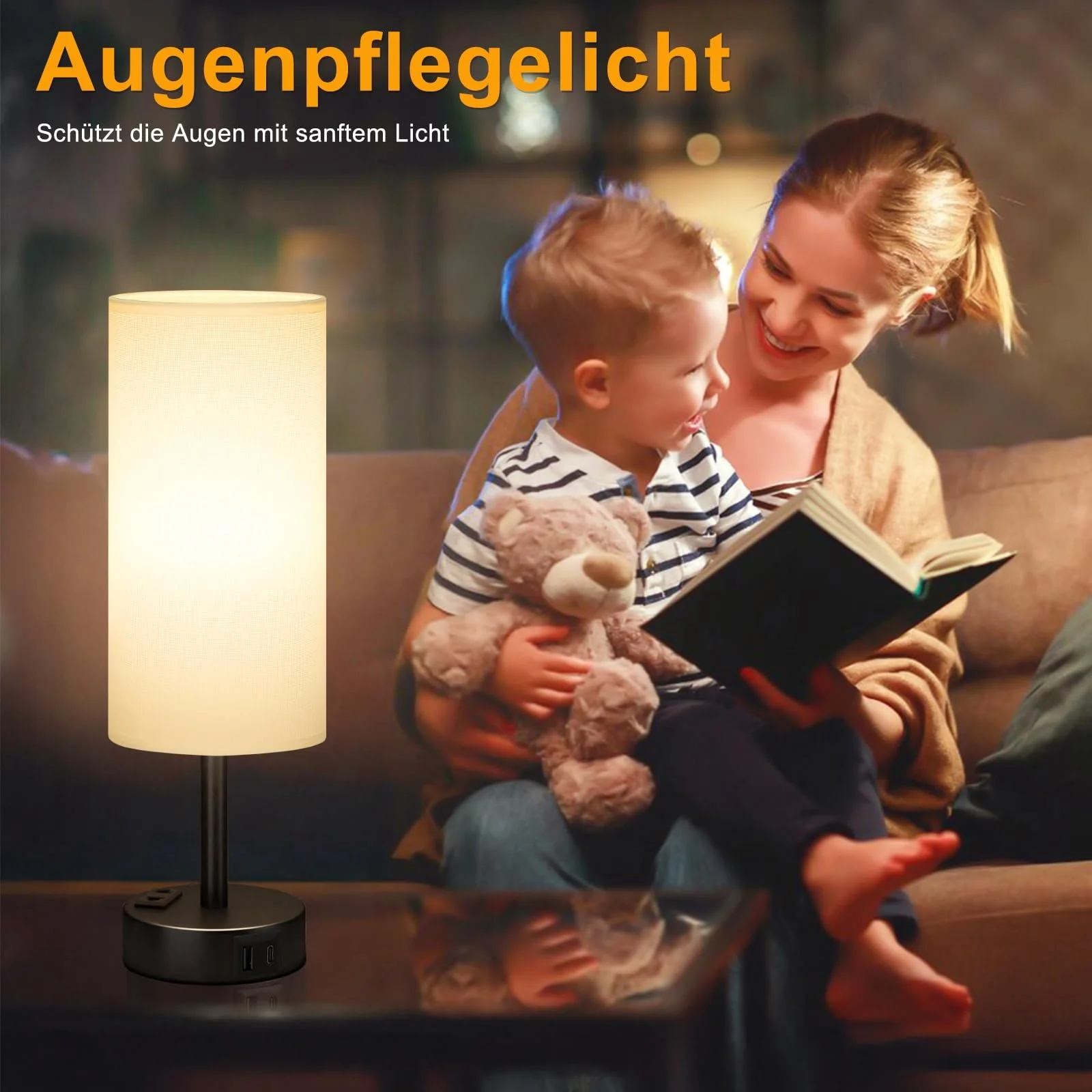 Настільна лампа Kakanuo Сенсорна USB A+C Розетка Лляний абажур, фото №5