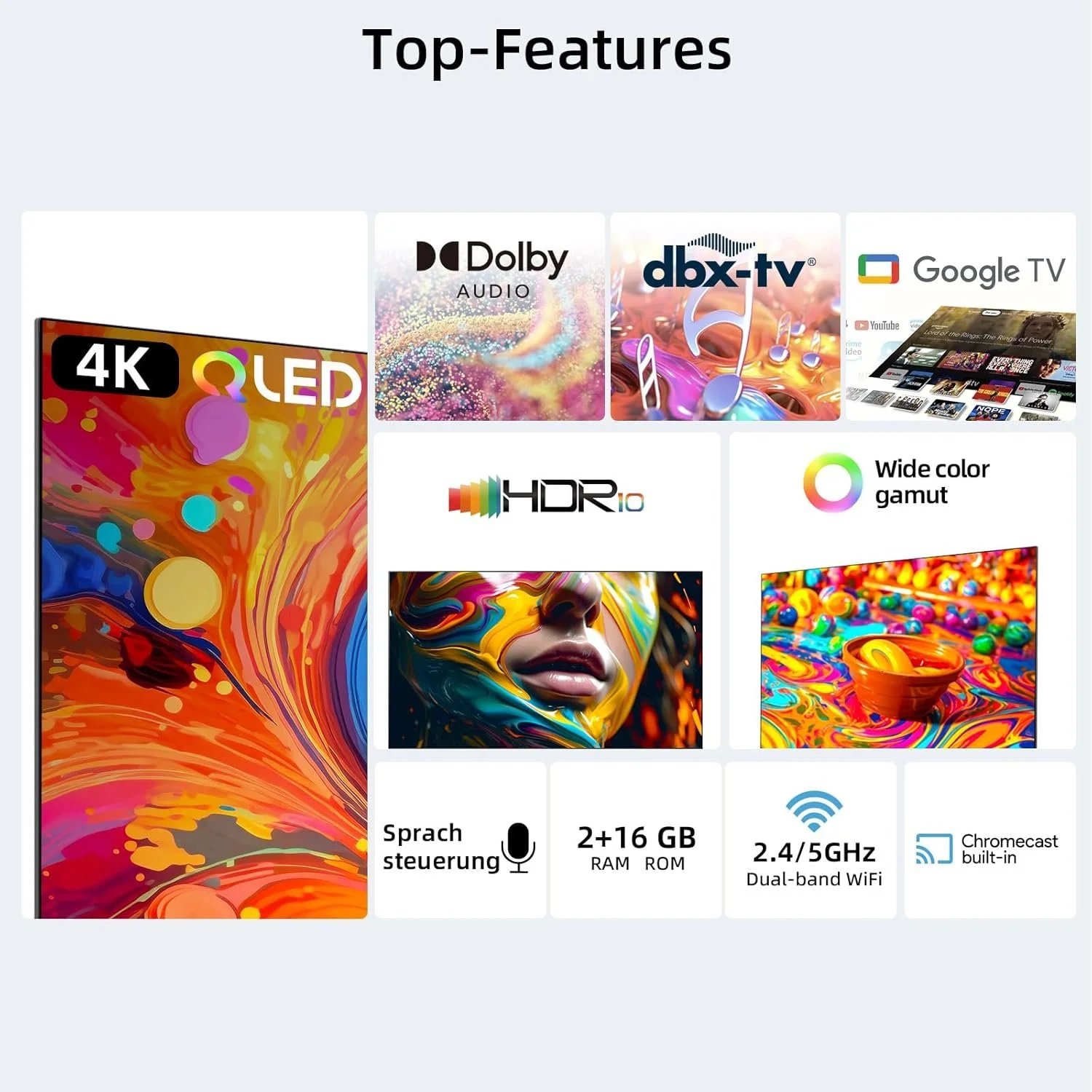 Телевизор 43" CHiQ U43QM8E / 4K UHD / 60 Гц / QLED / Google TV / Wi-Fi / Bluetooth / T2 / Черный, фото №8 Телевизор 43" CHiQ U43QM8E / 4K UHD / 60 Гц / QLED / Google TV / Wi-Fi / Bluetooth / T2 / Черный, фото №8