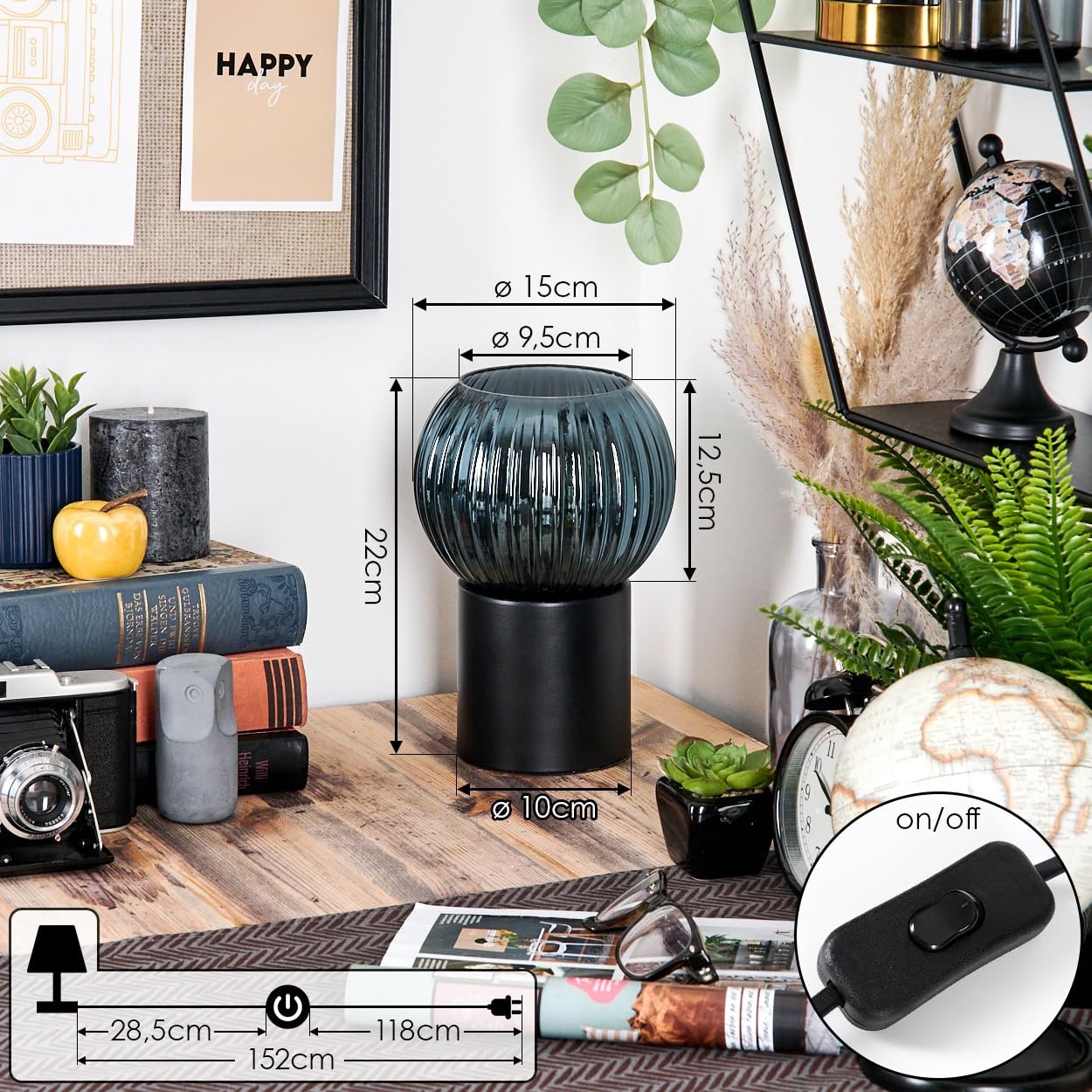 Настільна лампа HOFSTEIN Koyoto метал / рифлене скло 15 см E27 Чорний/Синій, фото №4