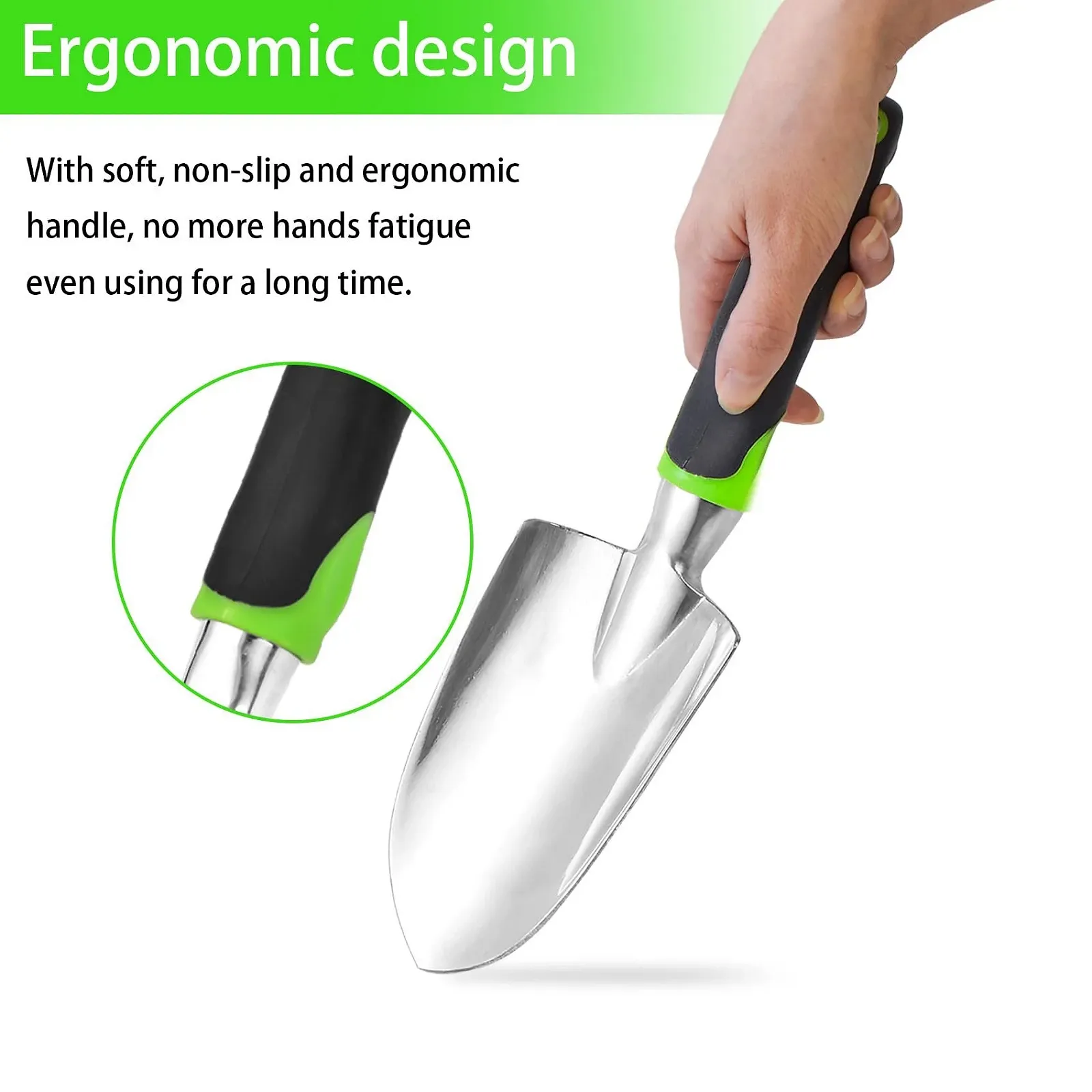 Лопата совковая садовий з нековзною ручкою для садівництва, широка лопата, загострена з м'якою прогумованою нековзною ергономічною ручкою для прополки, пересадки, посадки в горщики, копання в саду, садовий подарунок, фото №6