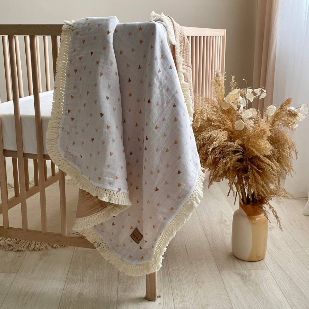 Плед муслин жатка Сердечки беж и бахрома 80х100, фото №1 Плед муслин жатка Сердечки беж и бахрома 80х100, фото №1