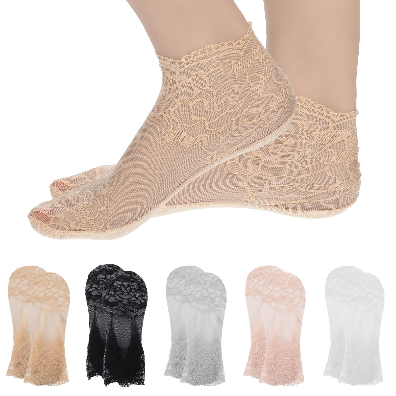Носки Женские Кружевные Разноцветные Прозрачные Кружевные Носки из Тюля Тонкие Нейлоновые Носки Короткие Носки Сетчатые Летние Носки Белый + Серый + Розовый + Черный + Бежевый, Черный, белый, фото №1