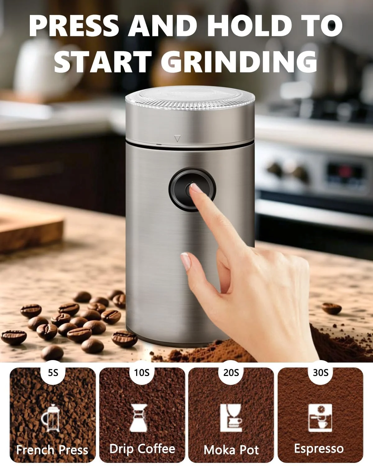 Электрическая кофемолка, корпус из нержавеющей стали, 150 Вт, 22000 об/мин, контейнер для зерен до 50 г, для кофейных зерен, орехов, специй, 9.7 x 9.7 x 17.8 см, фото №4
