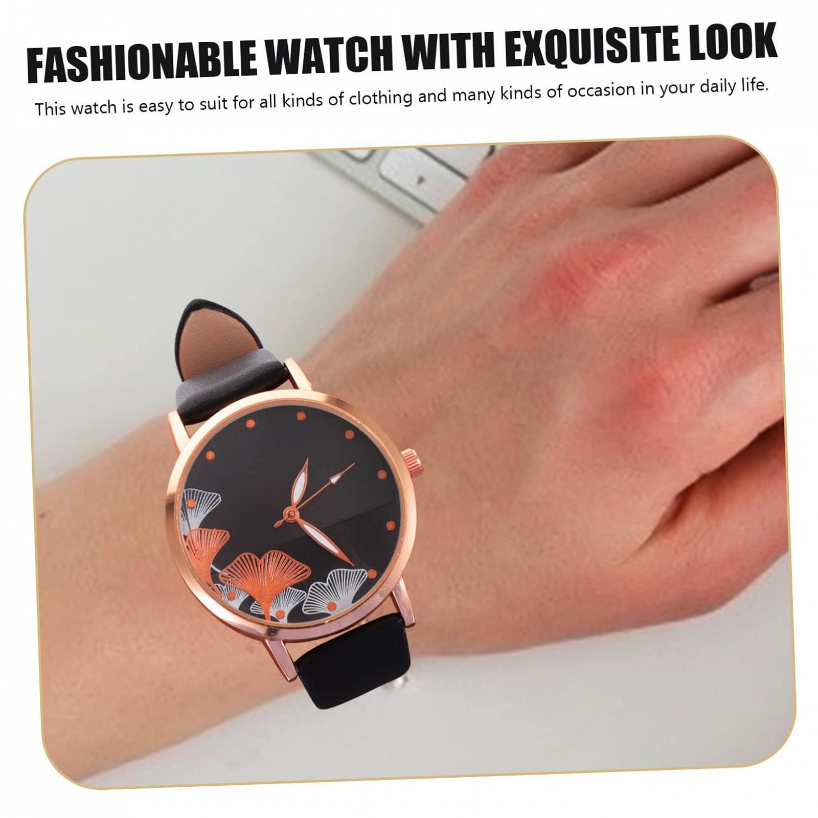 Женские часы PartyKindom с романтическим цветочным узором, черный кожаный ремешок, кварцевый механизм, стильный легкий дизайн для повседневных и особых случаев, аналоговые часы, фото №2 Женские часы PartyKindom с романтическим цветочным узором, черный кожаный ремешок, кварцевый механизм, стильный легкий дизайн для повседневных и особых случаев, аналоговые часы, фото №2