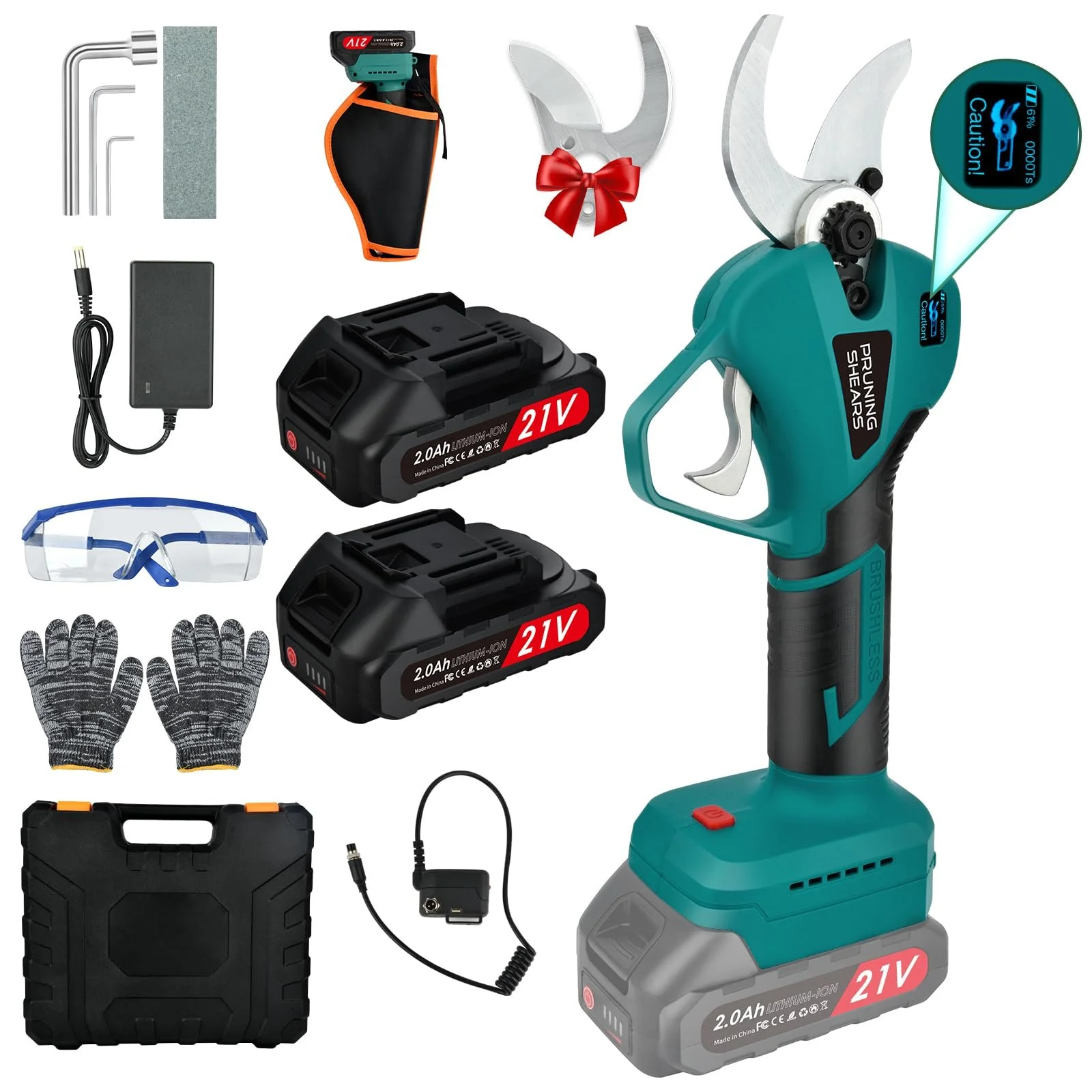 Електричні секатори Vothen Professional 4 см, 2 акумулятори 2 А·год LCD, прогресивний різ, бездротові секатори з піхвами для обрізки олив, виноградників, синій, фото №1