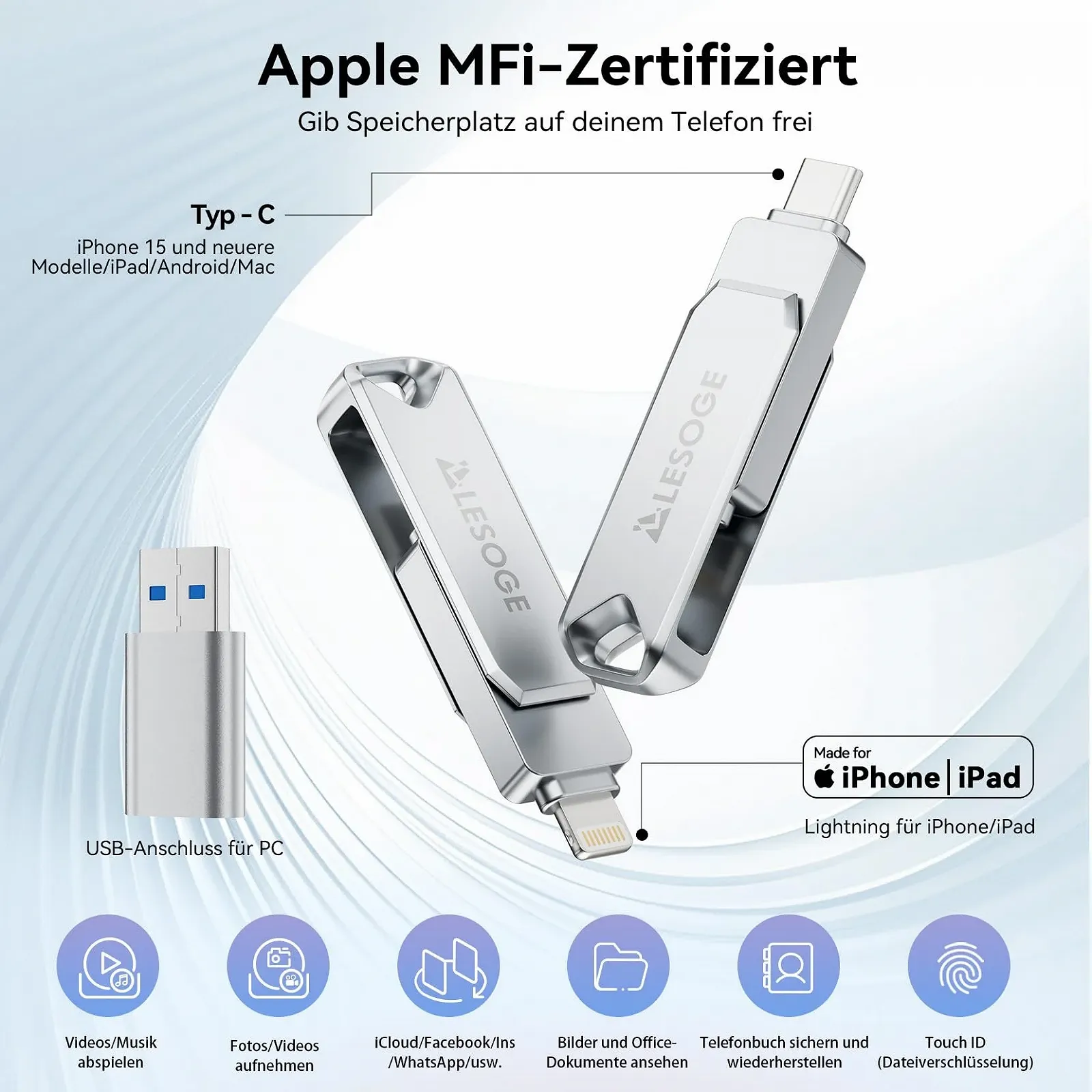 USB-накопичувач 512 ГБ MFi Certified USB C 3.0 3-в-1, фото №2 USB-накопичувач 512 ГБ MFi Certified USB C 3.0 3-в-1, фото №2