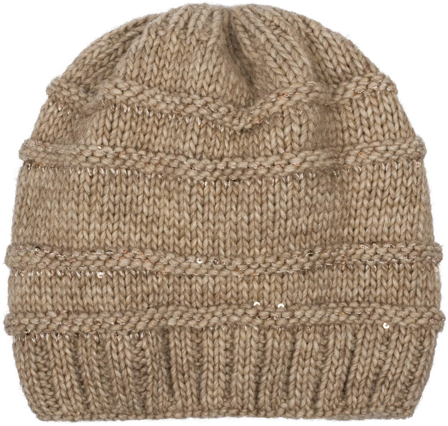 В'язана зимова шапка з блискітками styleBREAKER, з отвором для хвостика та теплою флісовою підкладкою, фото №1 В'язана зимова шапка з блискітками styleBREAKER, з отвором для хвостика та теплою флісовою підкладкою, фото №1