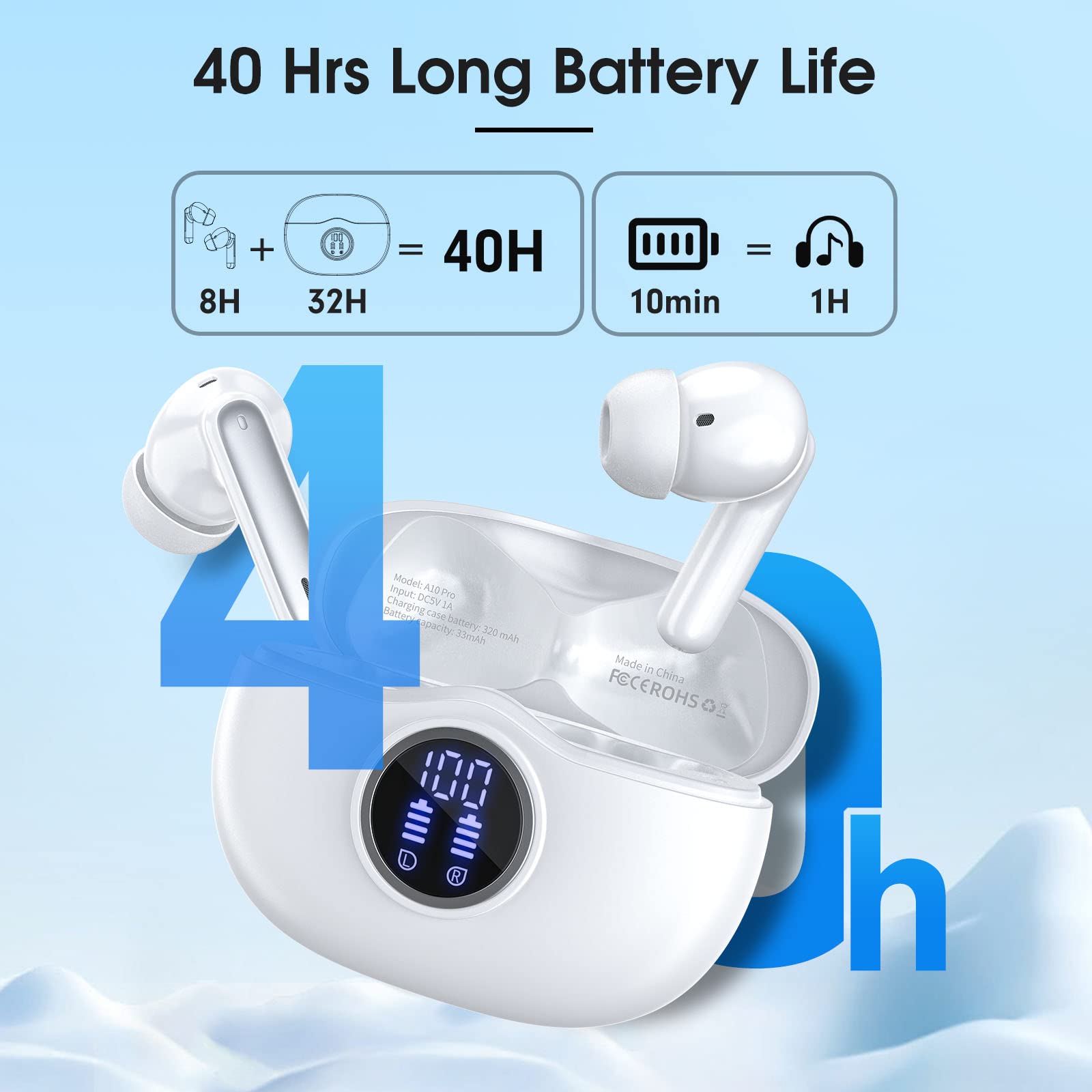 Наушники Bluetooth 5.3 Беспроводные Вставные с Индикатором LED 40 Часов ENC Шумоподавление Двойной Микрофон HiFi Стерео Наушники IP7 Водонепроницаемые Вставные для Спорта, фото №5
