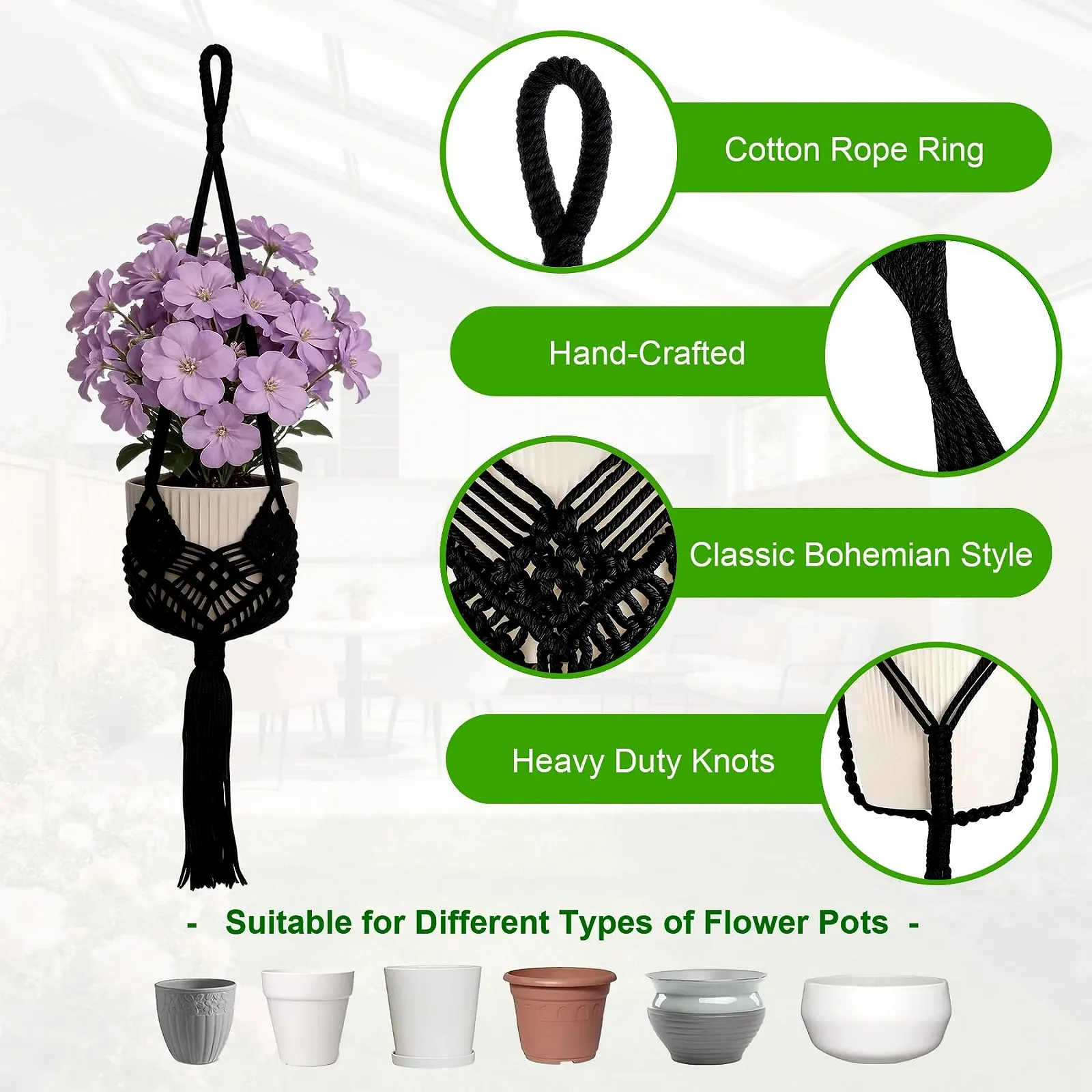 Підвісний кошик макраме Набір з 4 предметів Boho Декоративний Бавовняна мотузка з гачками Чорний, фото №2