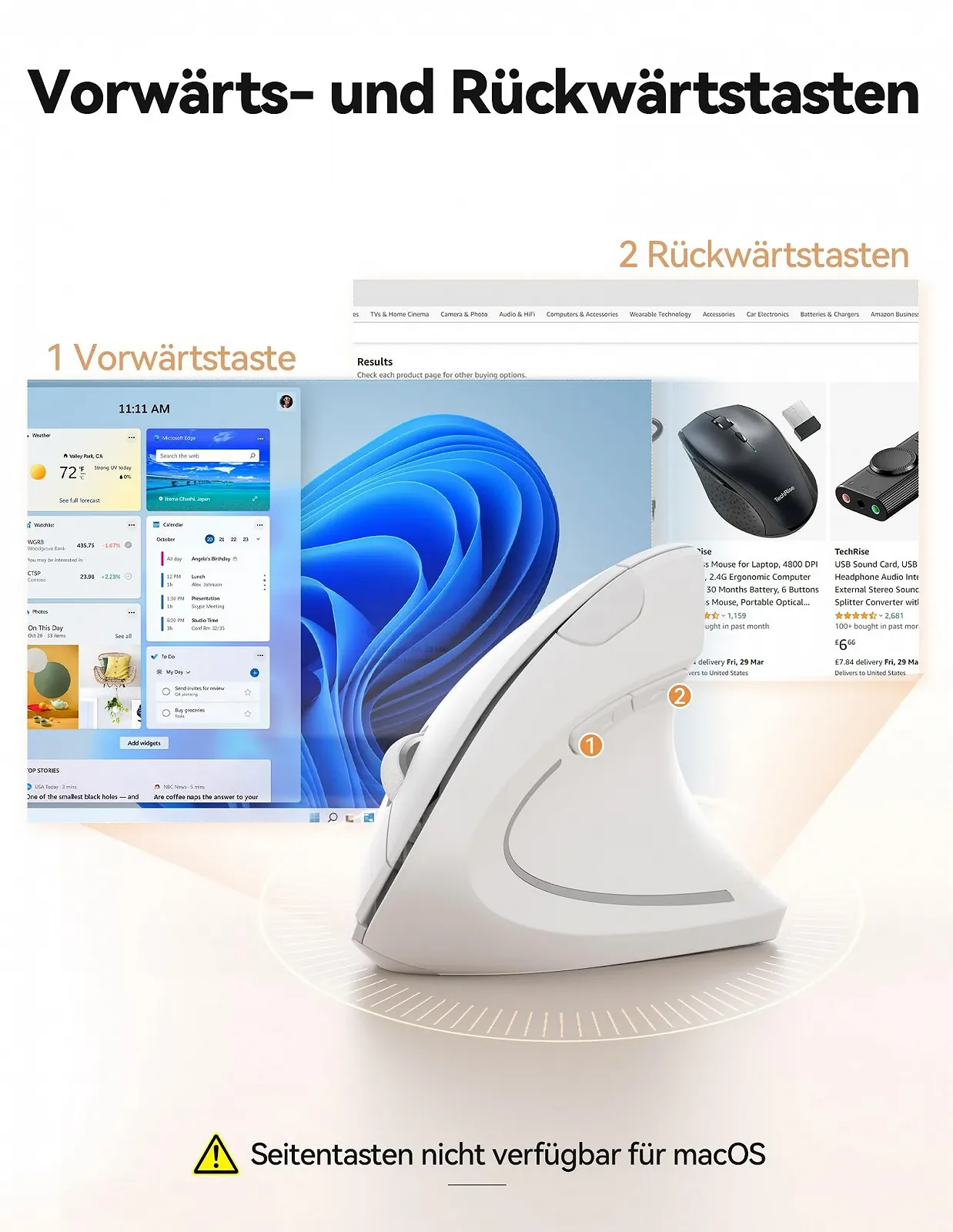 Мышь TechRise Беспроводная вертикальная 4800 DPI оптическая Тихая 6 кнопок Белый, фото №5