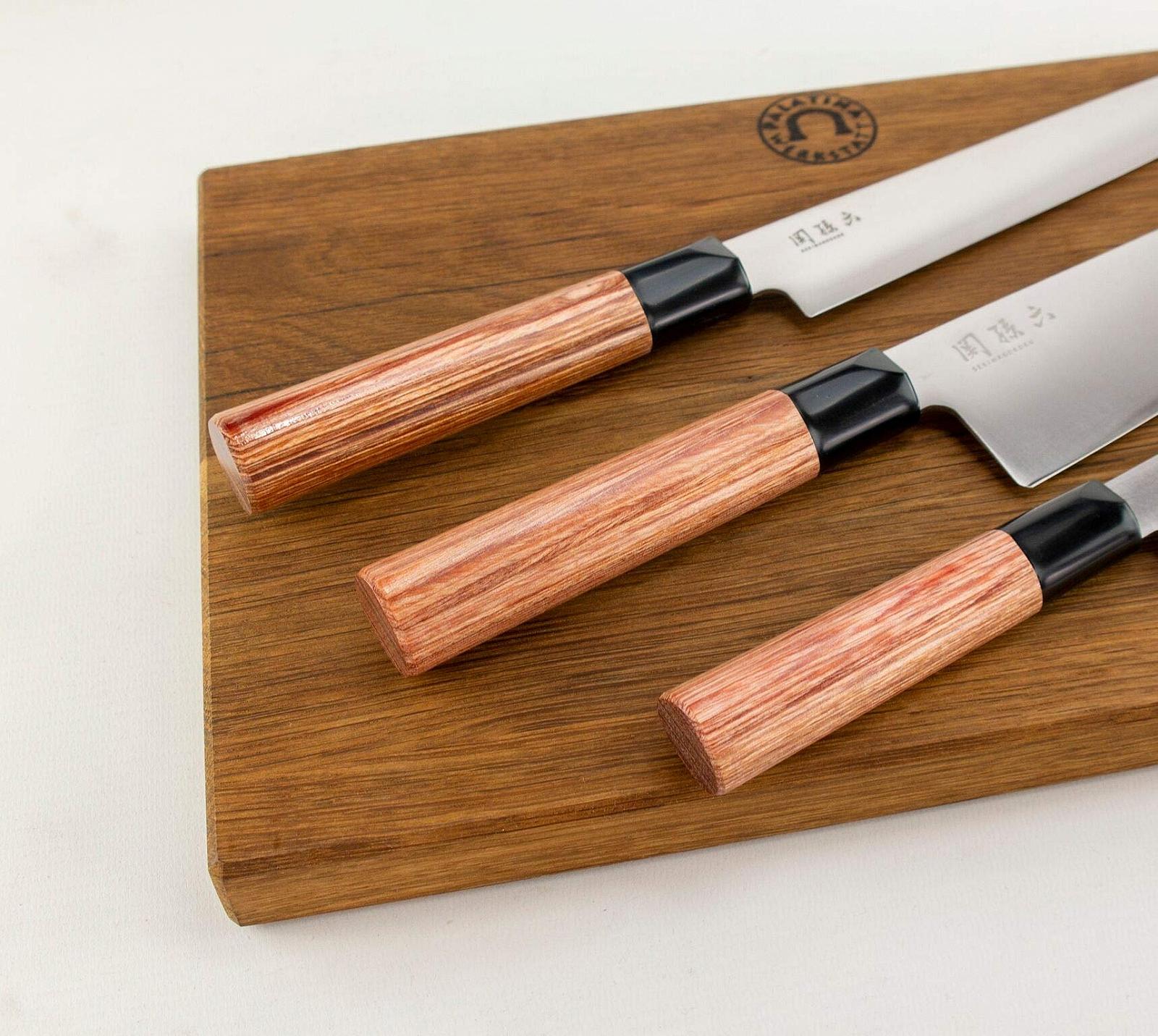Набор ножей KAI Shun Seki Magoroku Redwood: нож для офисных работ, Santoku, нож для ветчины, разделочная доска, фото №3