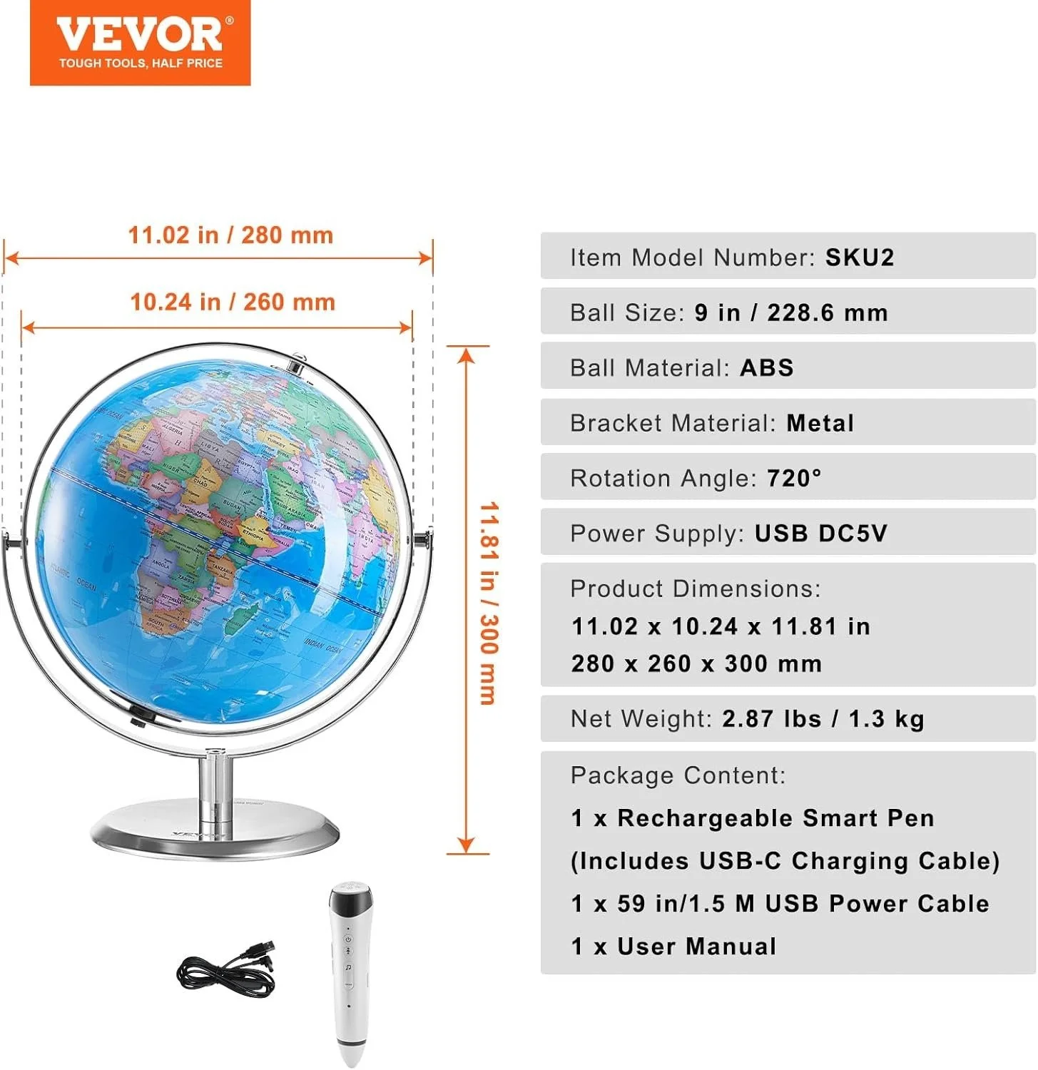 Інтерактивний настільний глобус VEVOR Globe 9''  3D White, фото №7