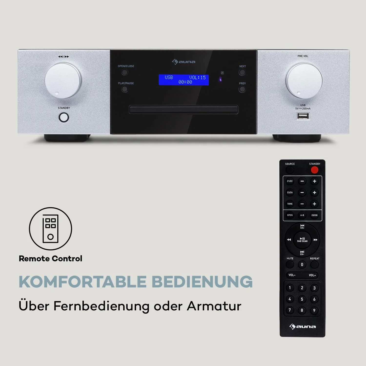 CD-проигрыватель Auna CD-1000 DG, USB, MP3, дистанционное управление, светодиодный дисплей, алюминий, черный/белый, фото №3