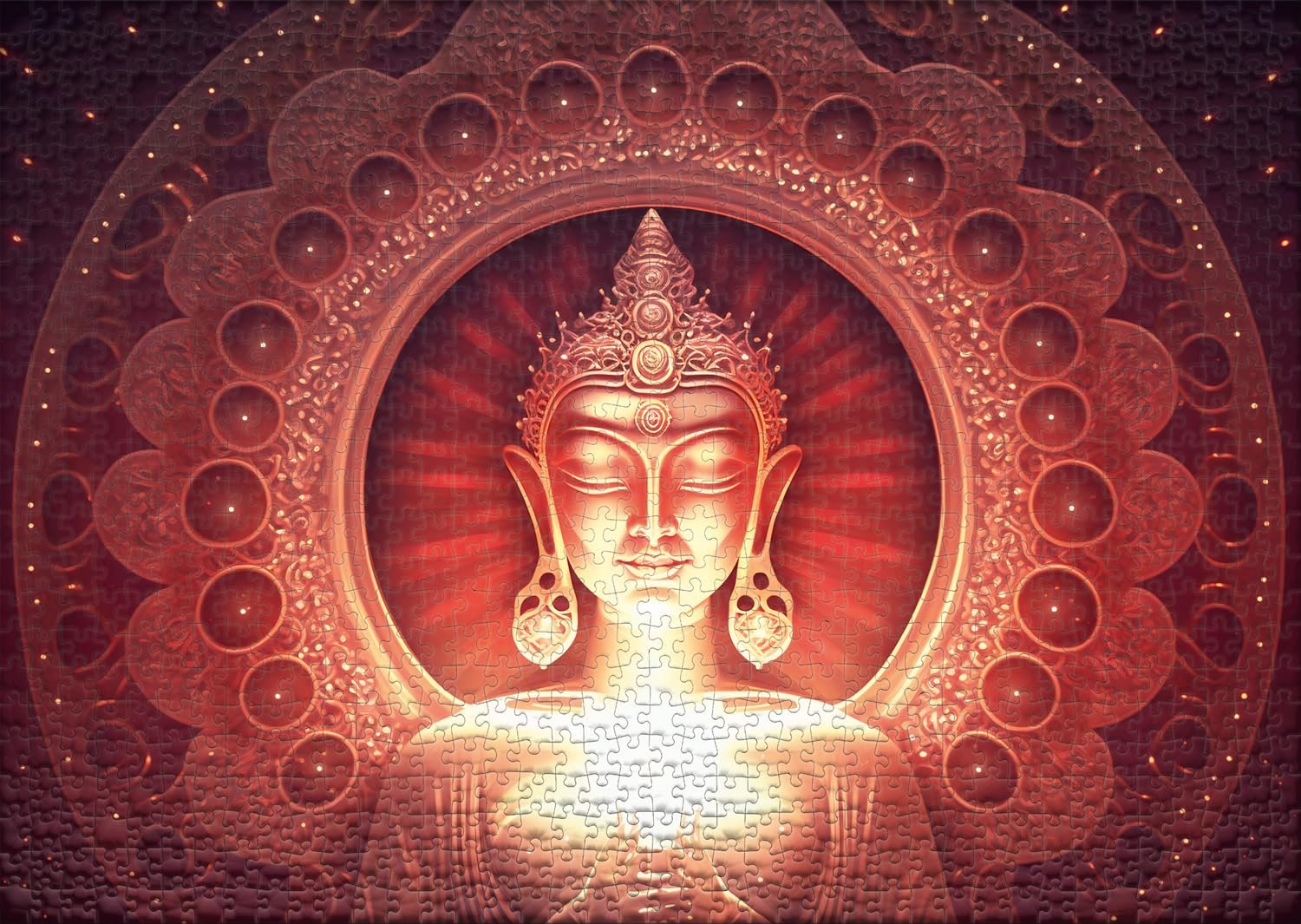Пазл Ulmer Puzzleschmiede "Silent Enlightenment" 1000 элементов фигура Будды в центре мандалы красный с золотистым, фото №2