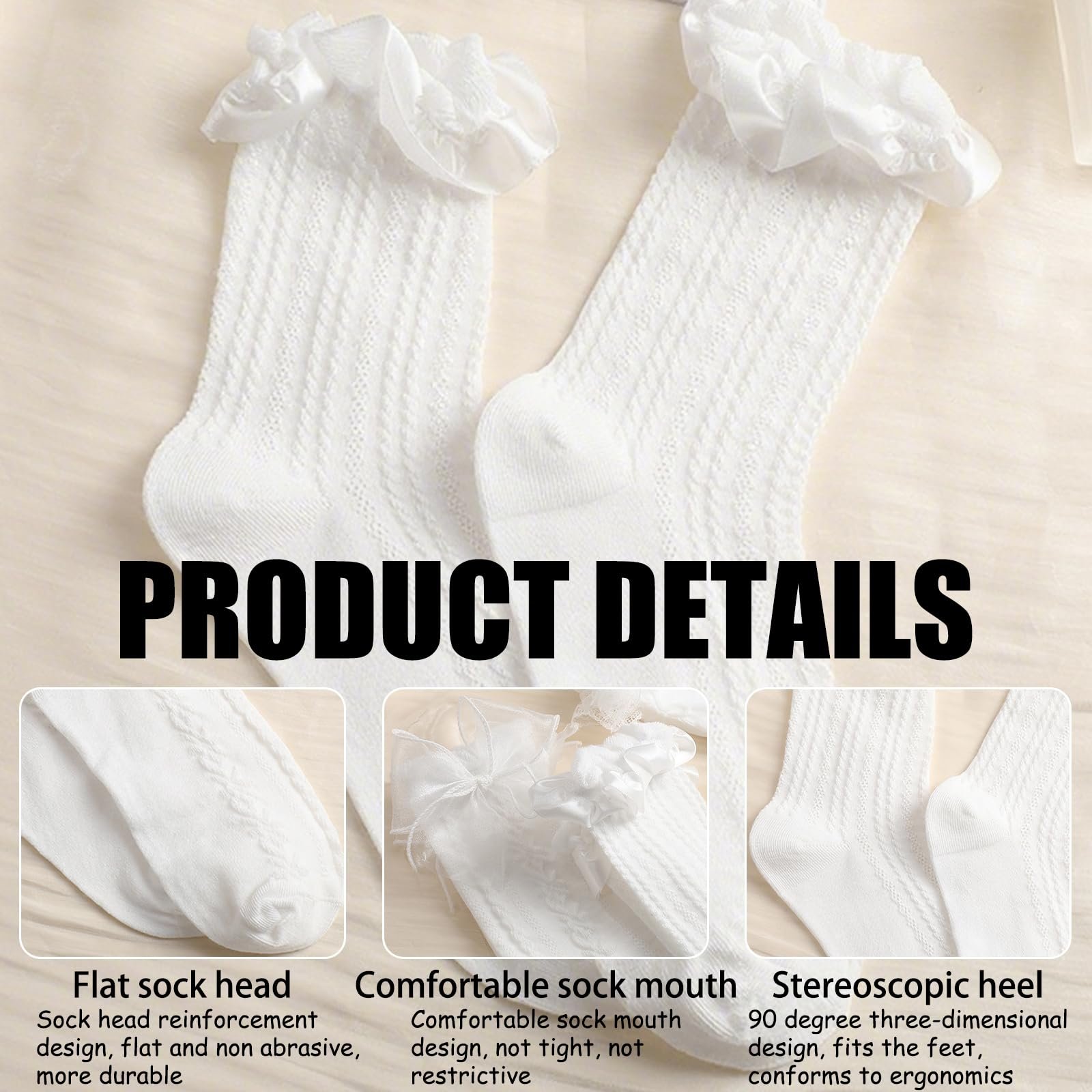 Носки с рюшами Женские 6 пар - Милые носки до щиколотки с кружевом и бантом из хлопка - Черно-белые дышащие балетные носки принцессы для девушек и женщин, фото №3
